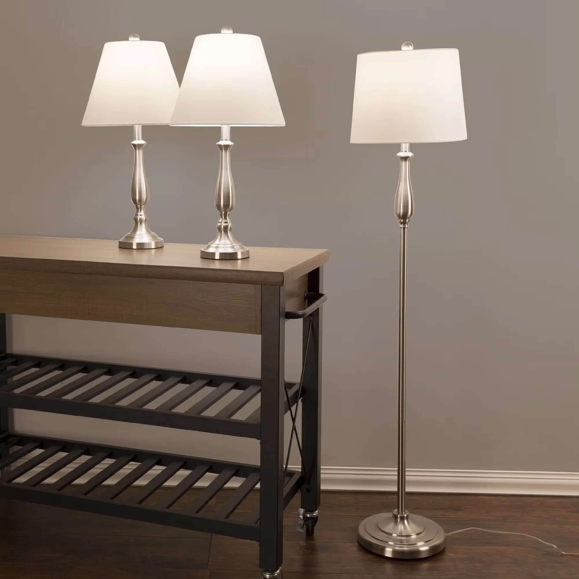 Classic Lamp Set with LED, Energy Efficient - Fabric, Steel Silver, White, Multicolor Model C7ABB8