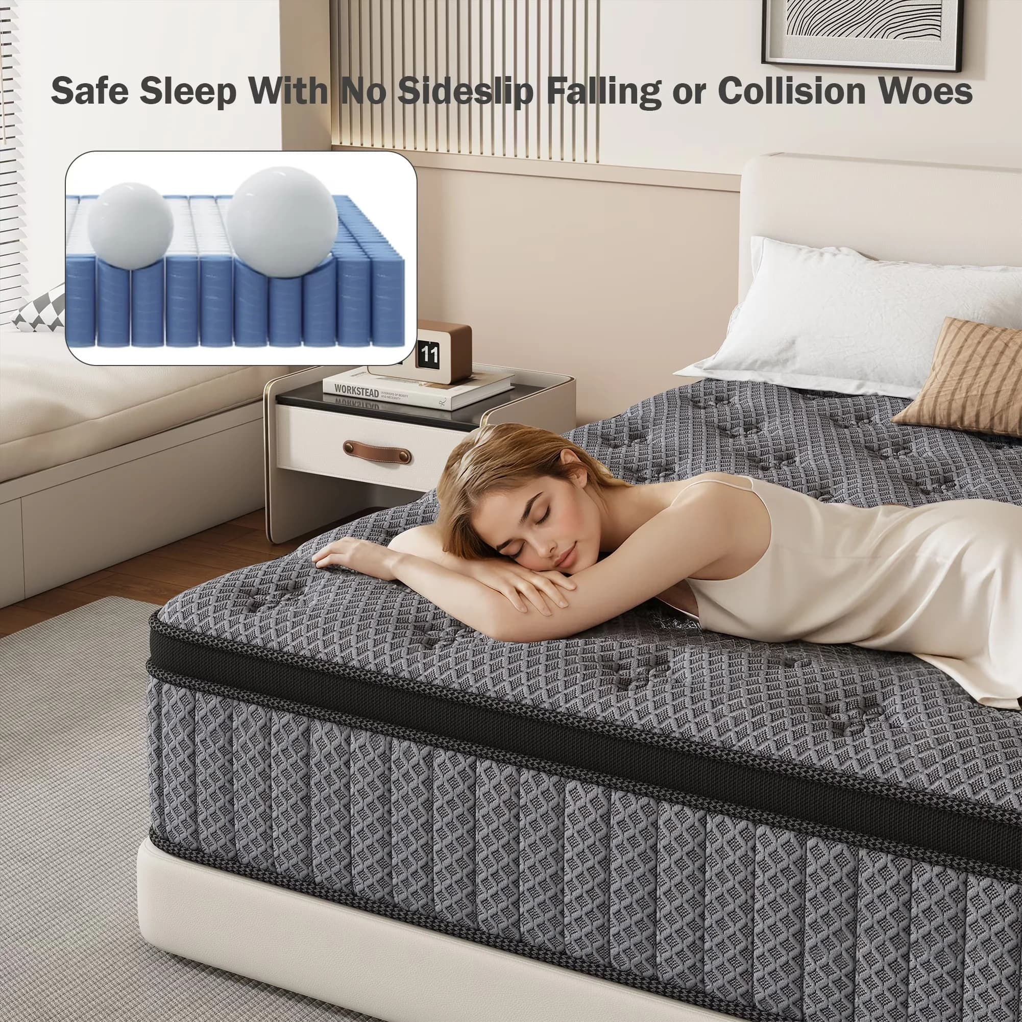 Efficient Mattresses Accessory with Low Motion Transfer, Antimicrobial - Breathable Fabric, Memory Foam, Pocket Coils Gray Model FEDC6C