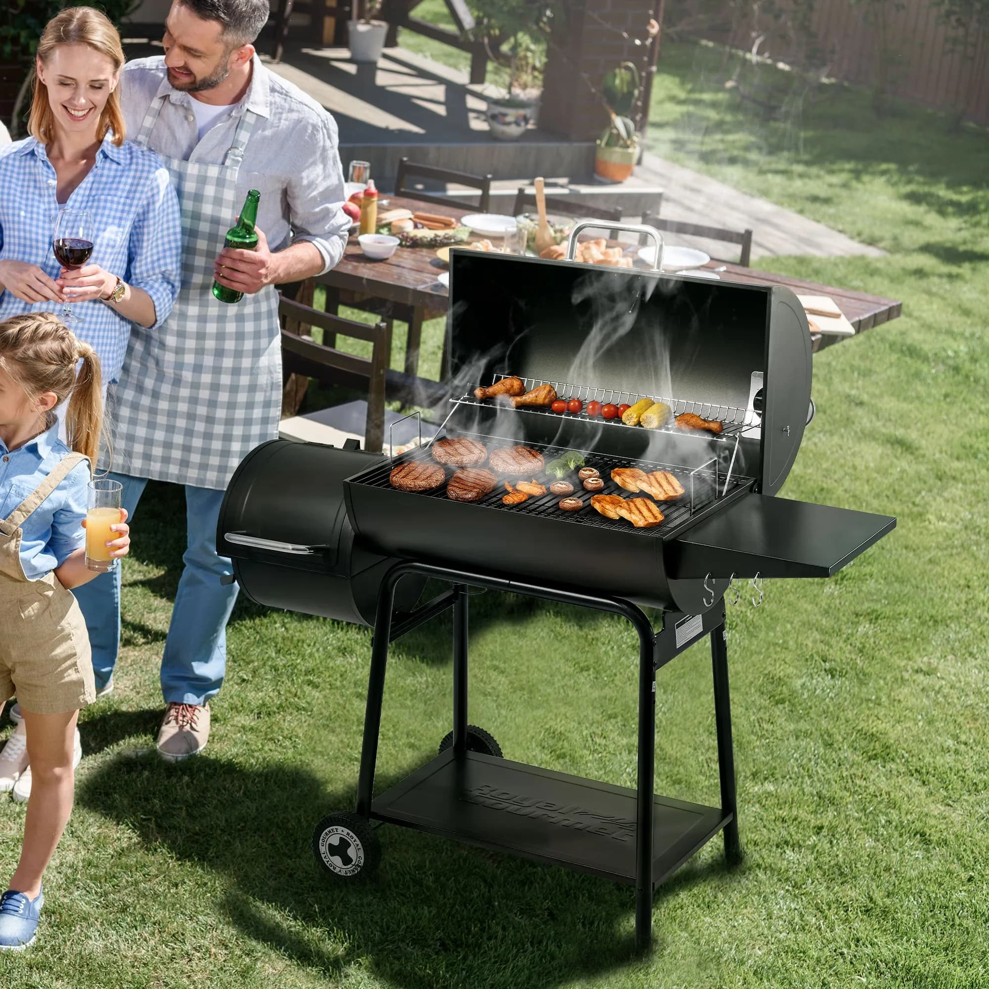 Smoker Sleek with Portable, Sturdy Side Shelf - Steel Black for Outdoor, Patio Model 6333A3