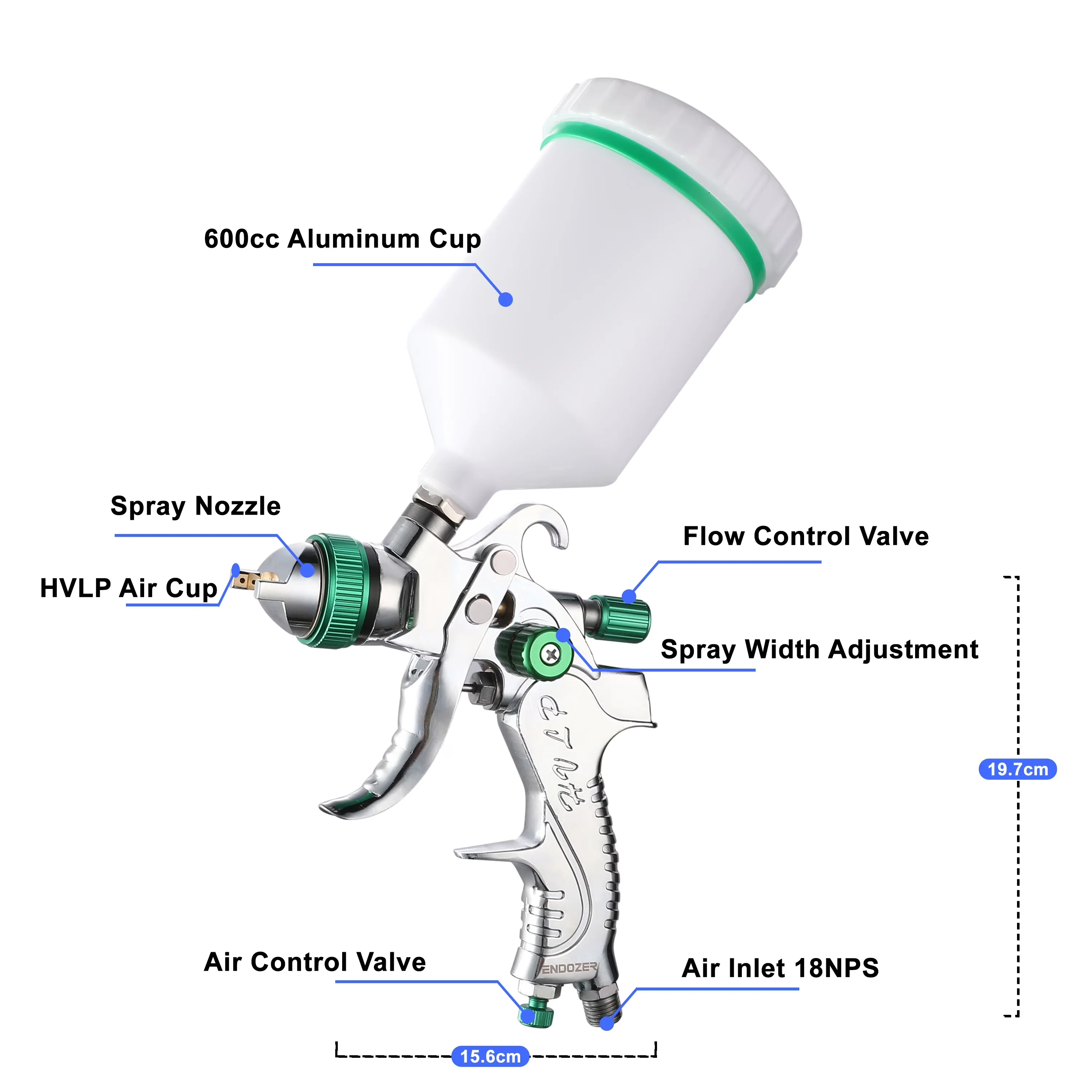 Durable Air Tools Compressor with Adjustable, Professional Grade Paint Sprayer, 600 ml Plastic Cup - Green Nozzle-1.4/1.7/2.0 Model 647295