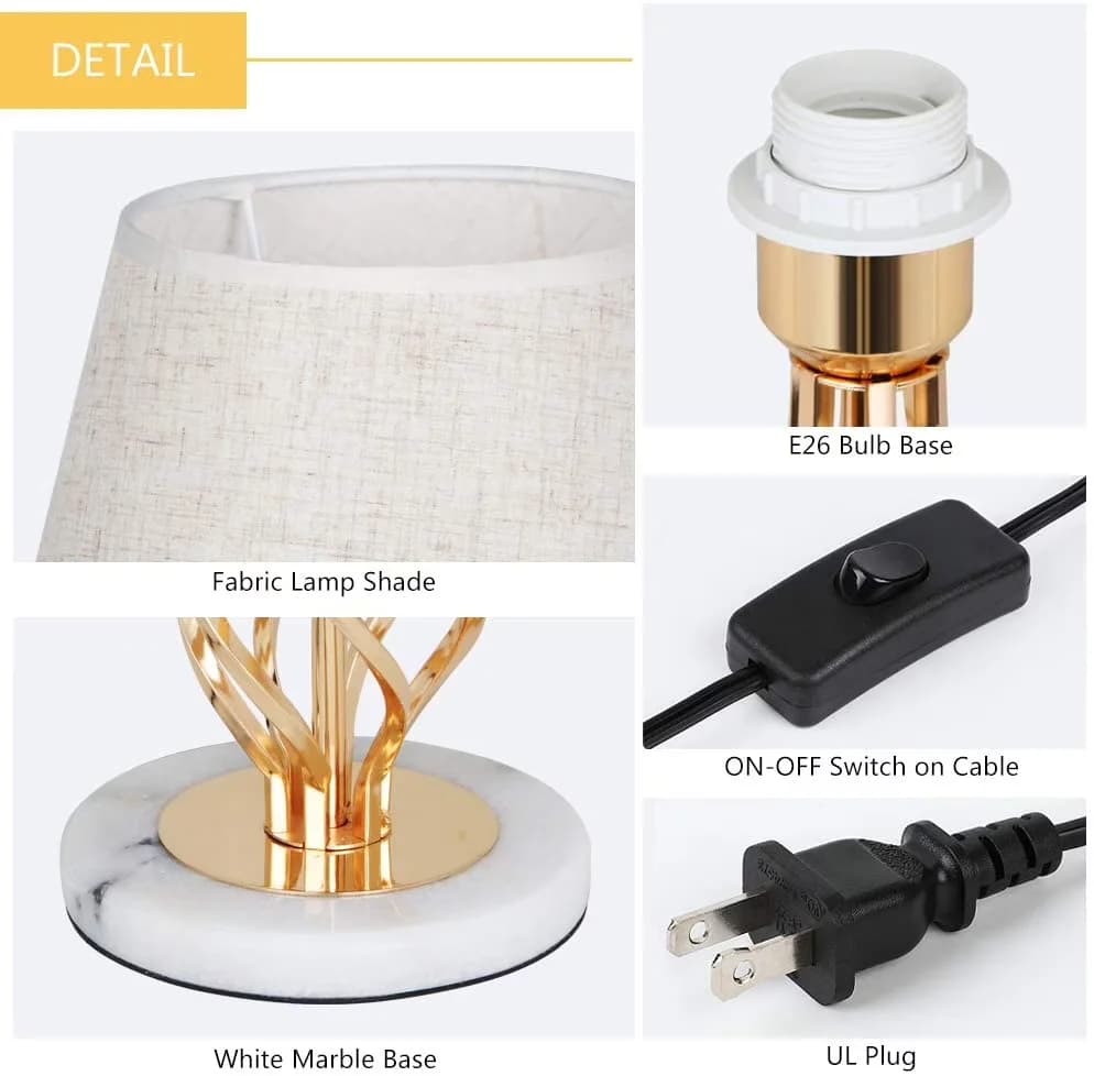 Essential Lamp with Incandescent, Marble Base Set of 2, Vintage Gold Nightstand - Gold Metal, Marble Model A8BC9F