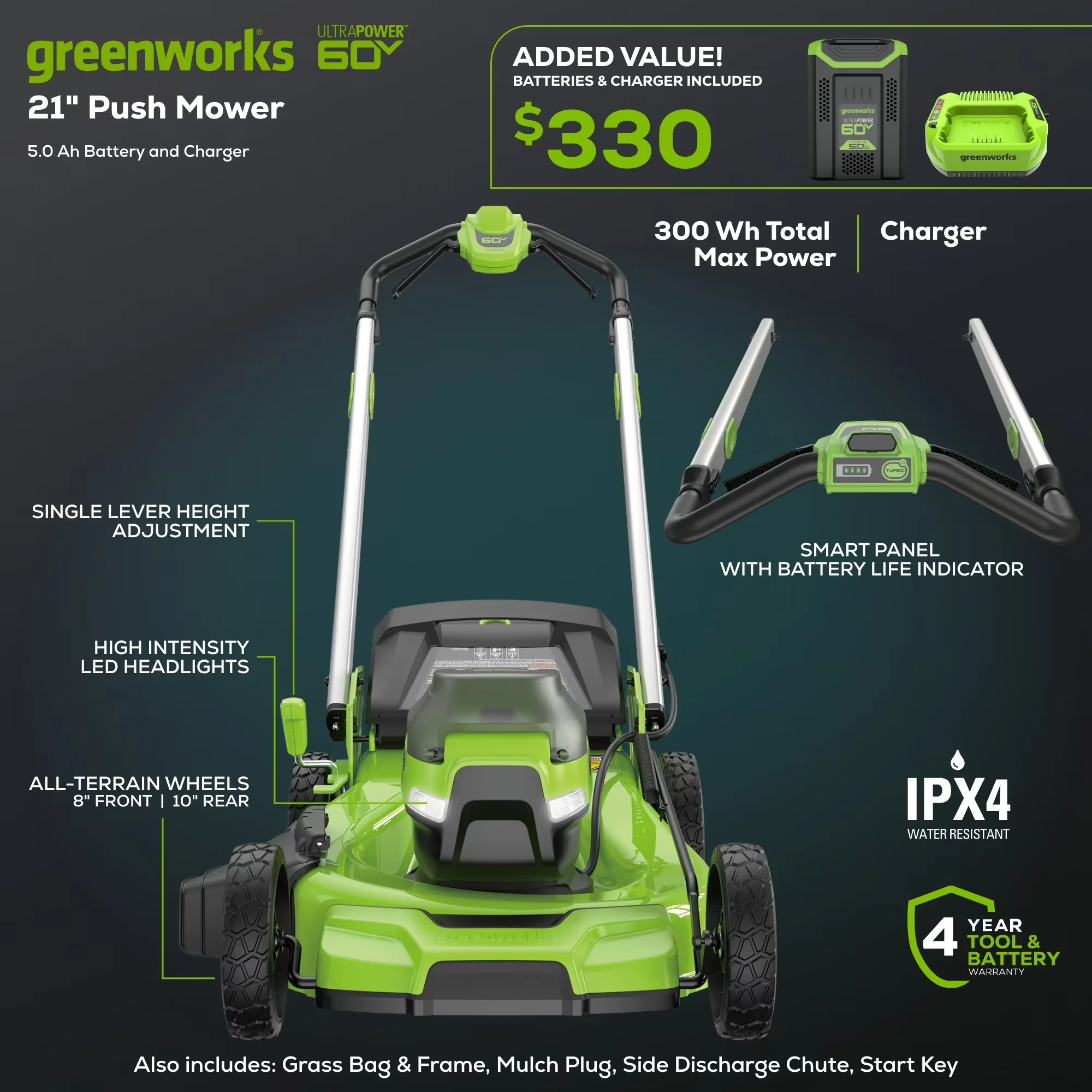 Efficient Push Mower with Battery, 60V, Adjustable Cutting Height - Rustic Charm Model 720F3C