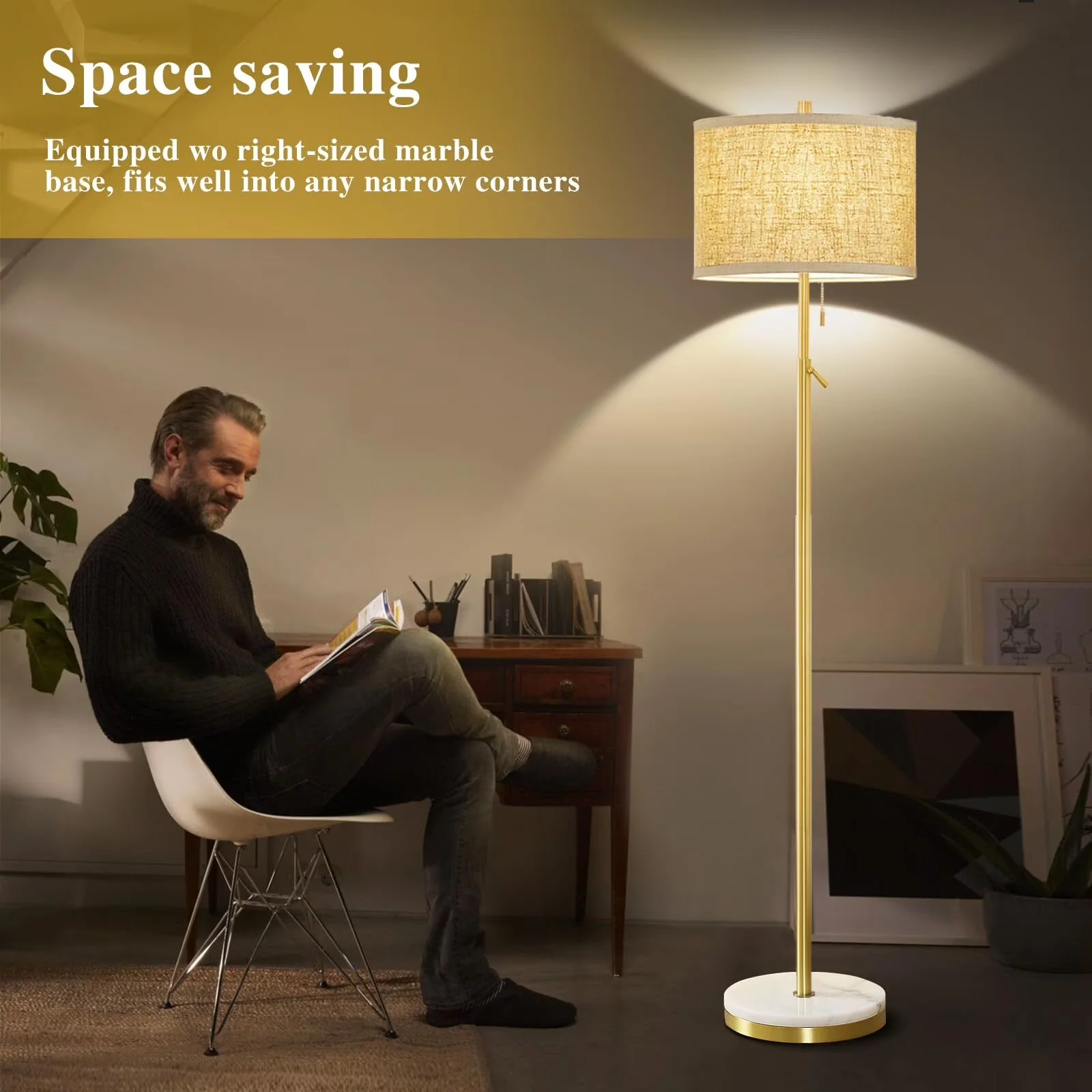 Compact Floor Lamp with LED, Adjustable Height, Modern - Gold Metal, Stone Model 09C64F