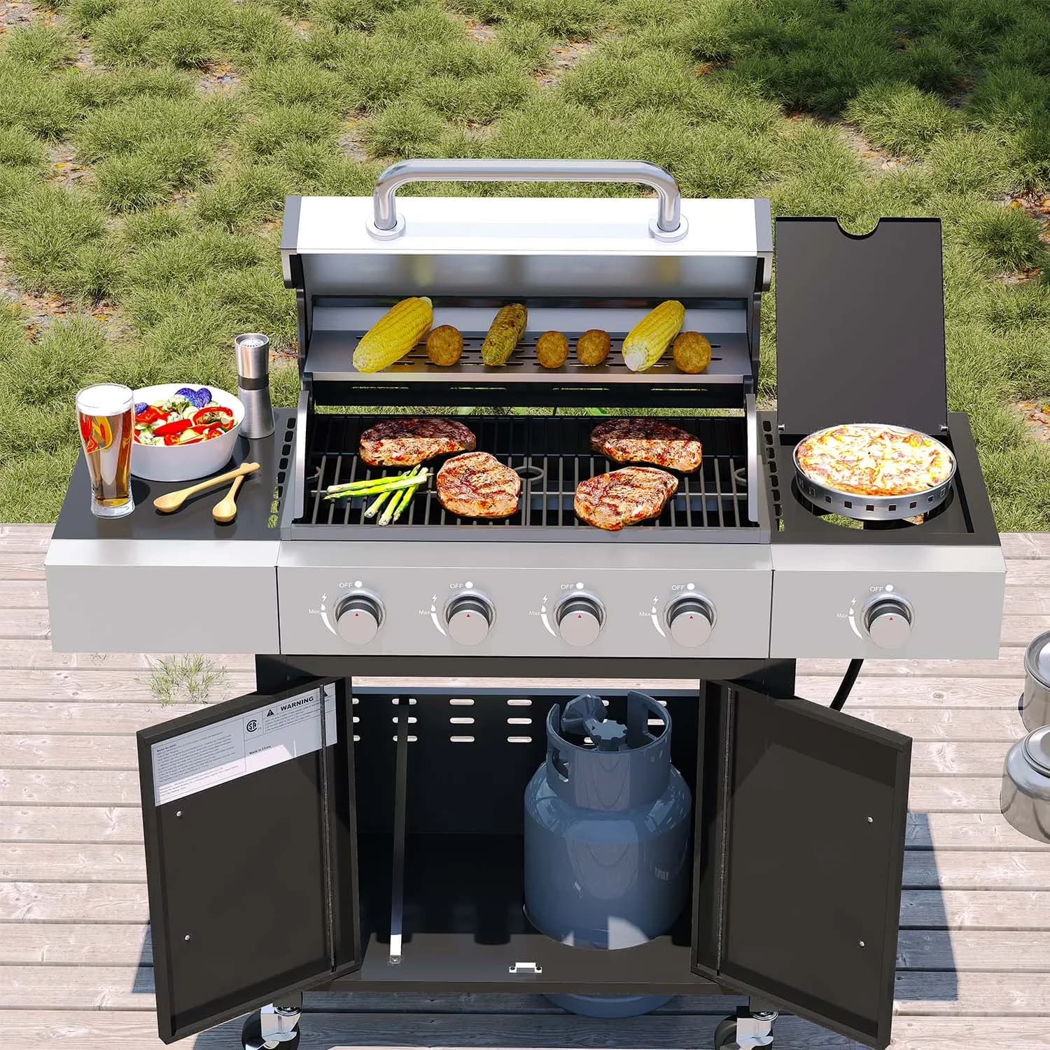 Durable Gas Grill with Portable, Patio Garden BBQ Perfect, and Thermometer - Stainless Steel Black Model A66979