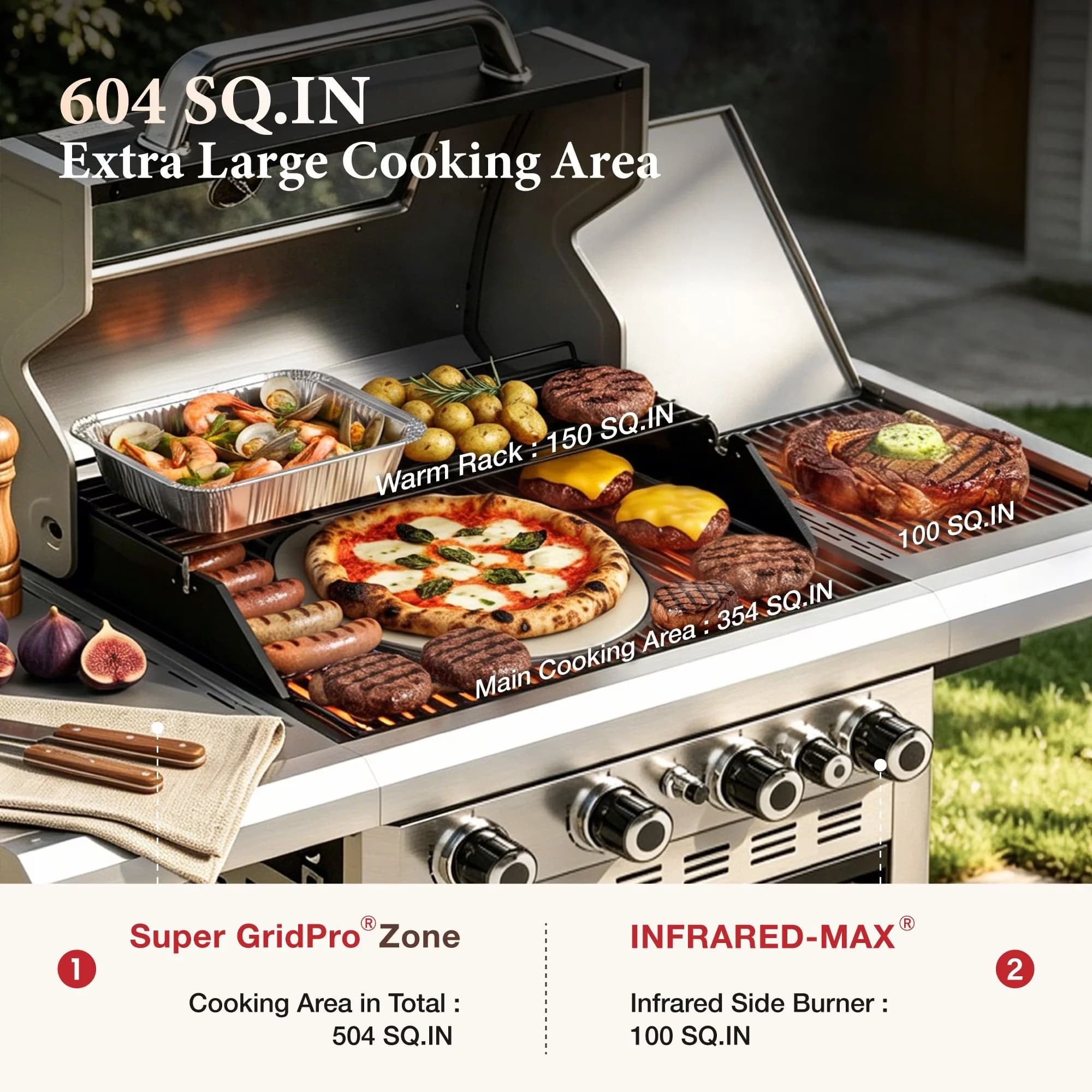 Gas Grill Durable with 13500 BTU, Grease Pan - Black Porcelain Enameled; Stainless Steel Model E48F47
