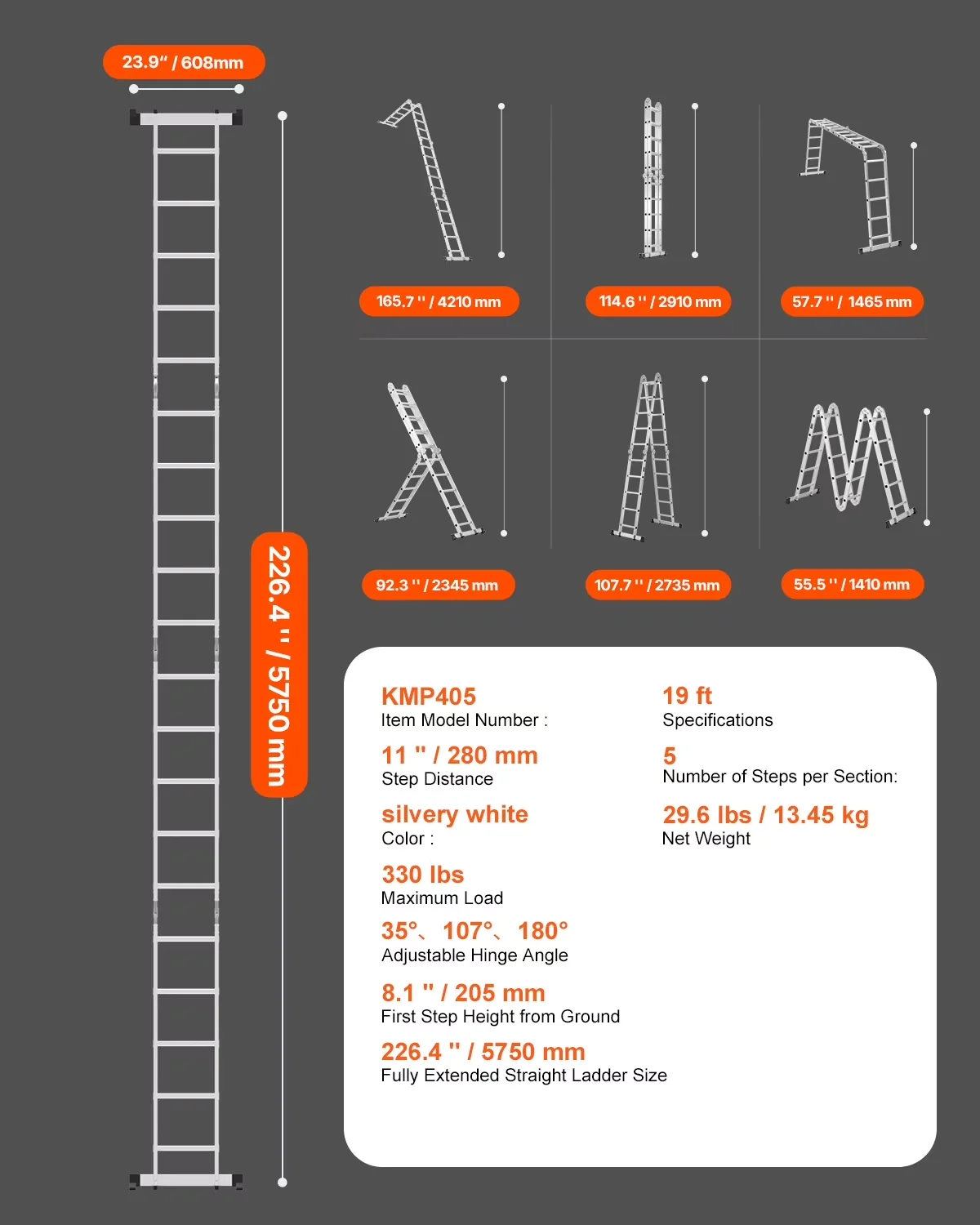 Versatile Ladders And Step Stool with Adjustable, A-Shape 5-Step Extendable Ladder, 7-Function Tall Expanding Ladder - Silver... Model D777E8