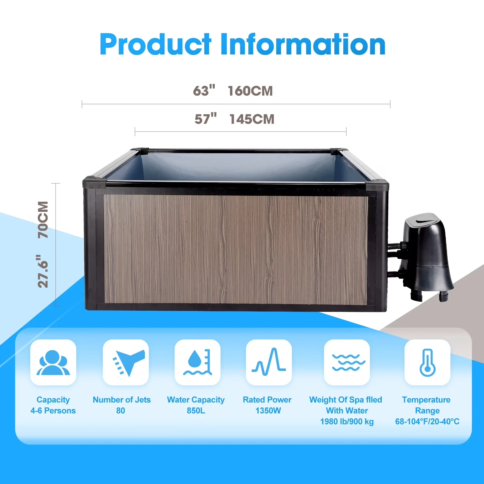 Compact Hot Tub with External Control Cabinet, 80 Bubble Nozzles Jacuzzi, 4-6 Person Aluminum Alloy Foam Spa - Brown Model A0851E