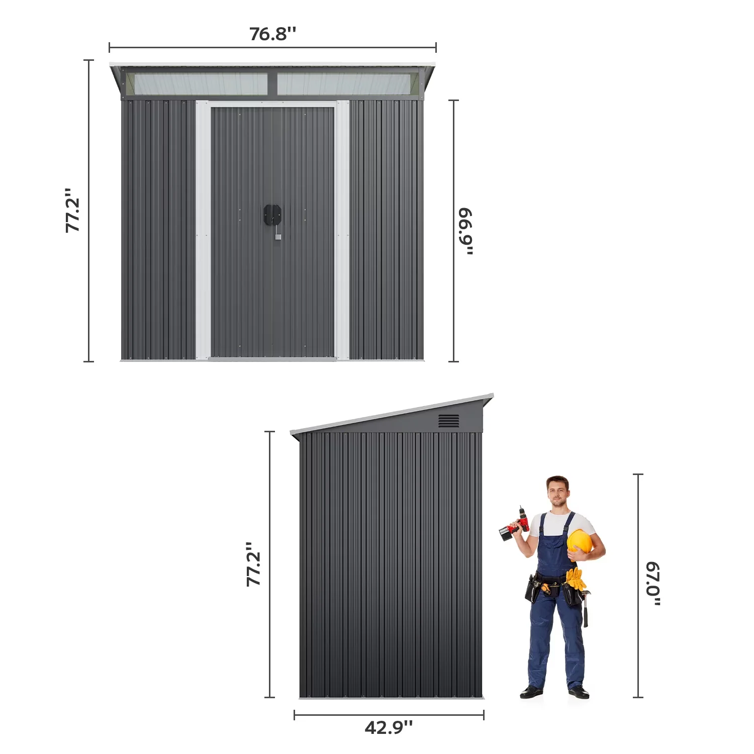 Professional Shed with Waterproof, 1 x Storage, Window - Gray Steel for Patio Model B3AA4D