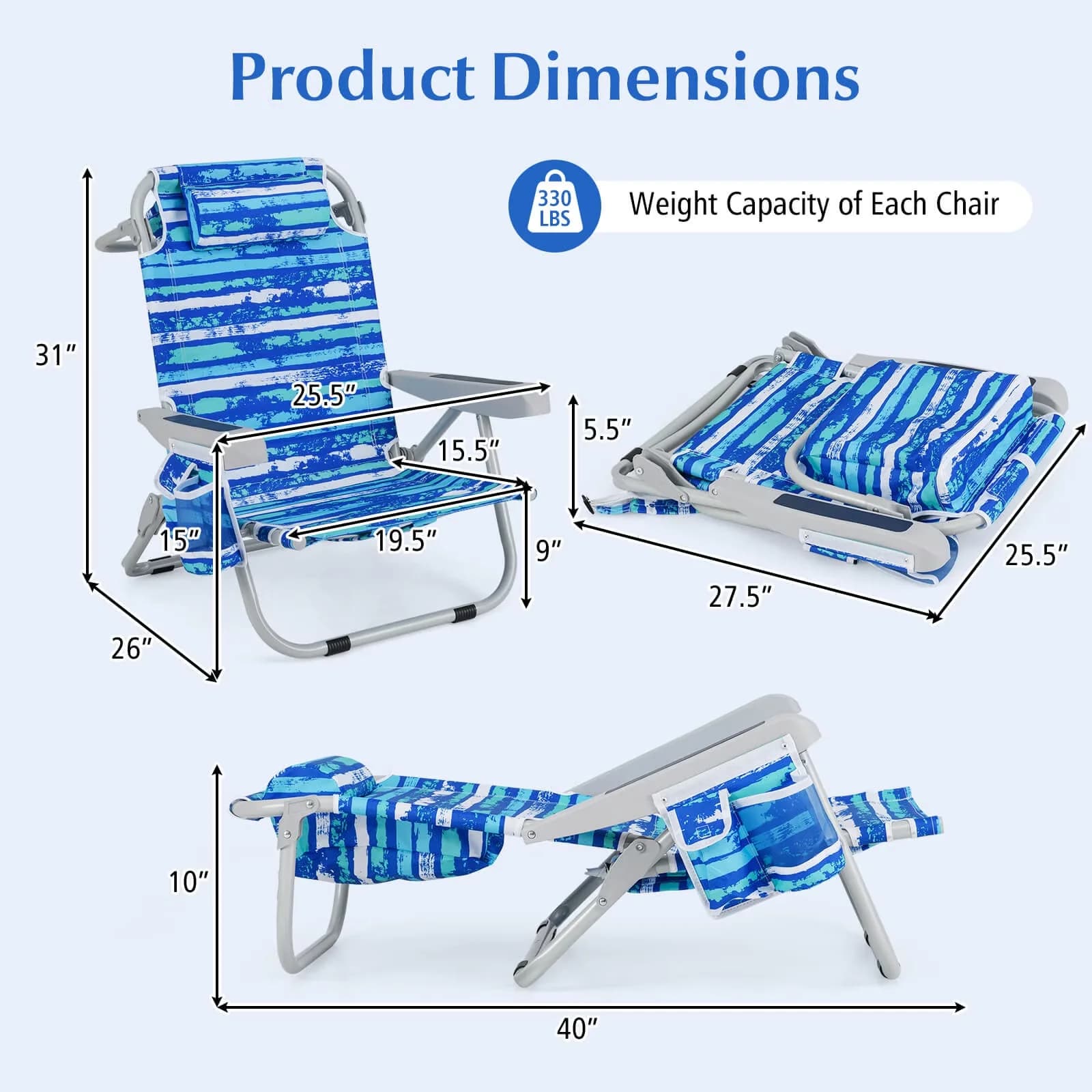 Beach Chair Professional with Adjustable, Folding, Storage Bag Navy - Aluminum, Oxford Fabric Navy Model C3DCE0