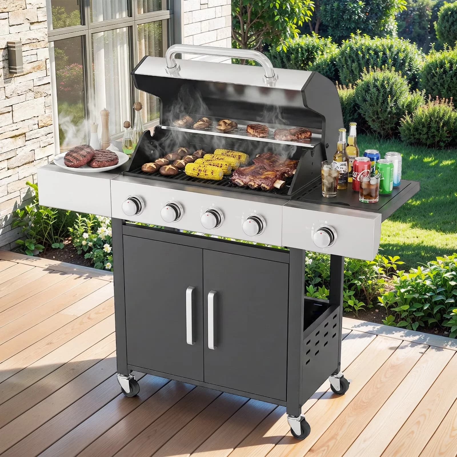 Gas Grill Innovative with Heat Thermometer, Side Burner Stainless Steel BBQ, Outdoor 4 Burner Propane - Stainless Steel Model 39D513