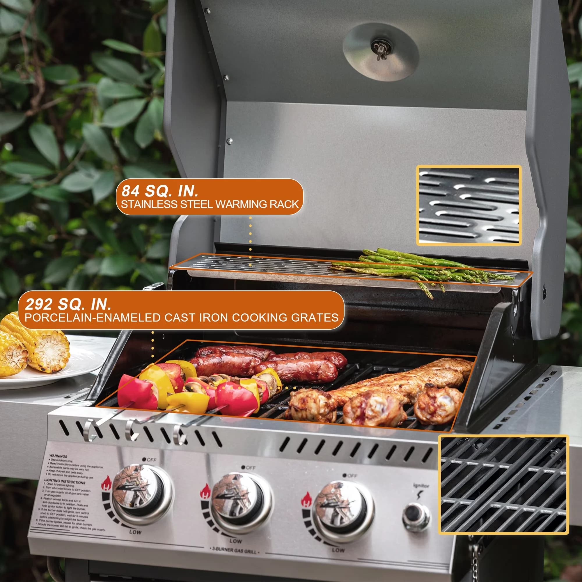 Essential Gas Grill with Warming Rack, 3-Burner Propane - Silver Stainless Steel Model 8105E1