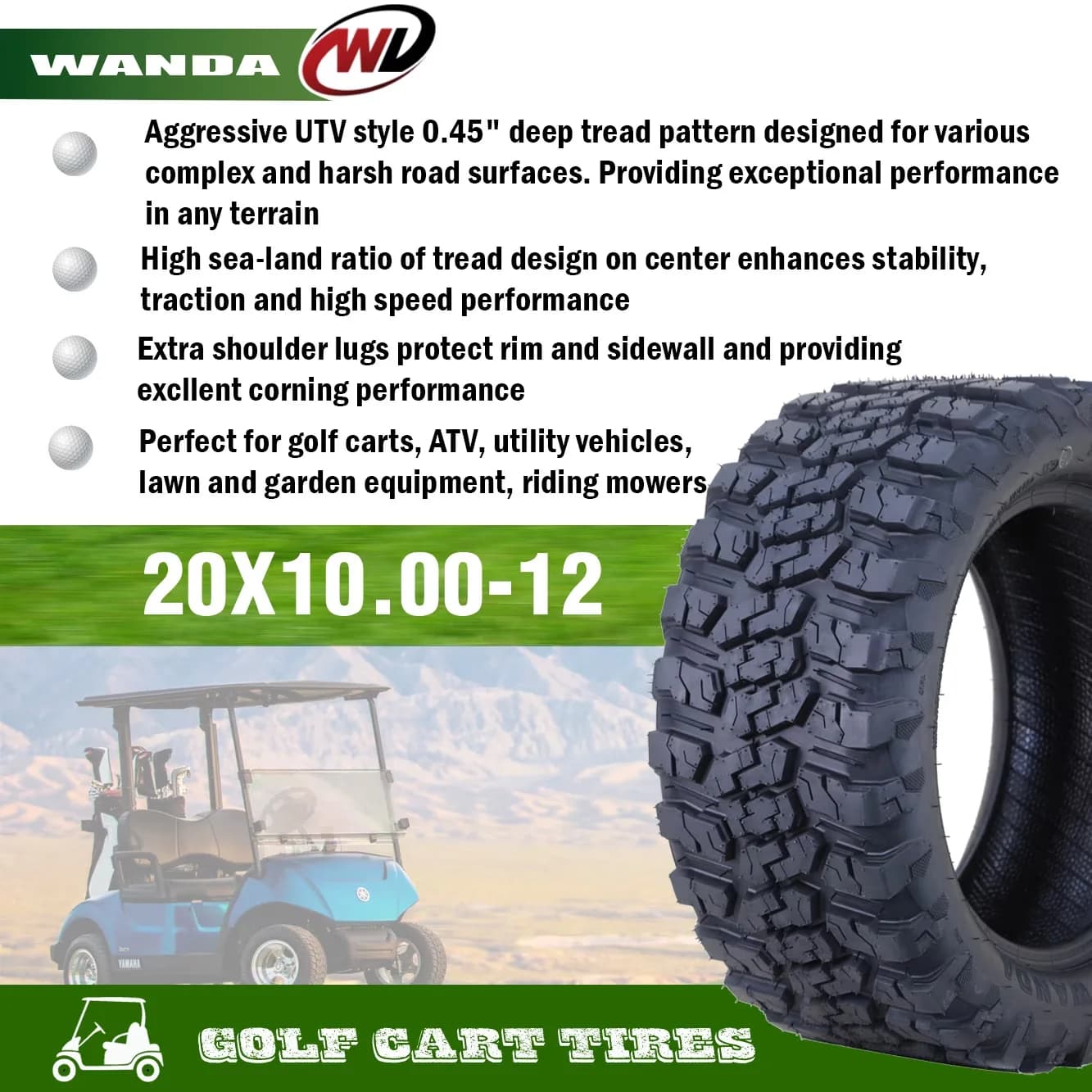Reliable Golf Cart Tire - 20x10-12 for Multiple Applications Model 9F7400