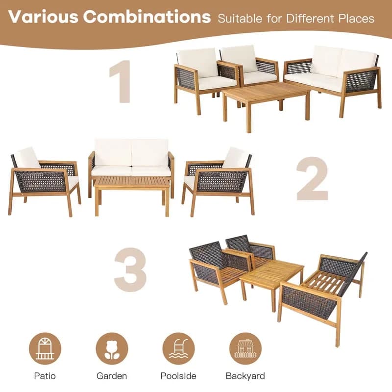 Patio Conversation Set Quality with Weatherproof, Removable Cushions, Solid Wood Frame - Pe Rattan, Acacia Wood, Polyester, Cotton,... Model ACCCDA
