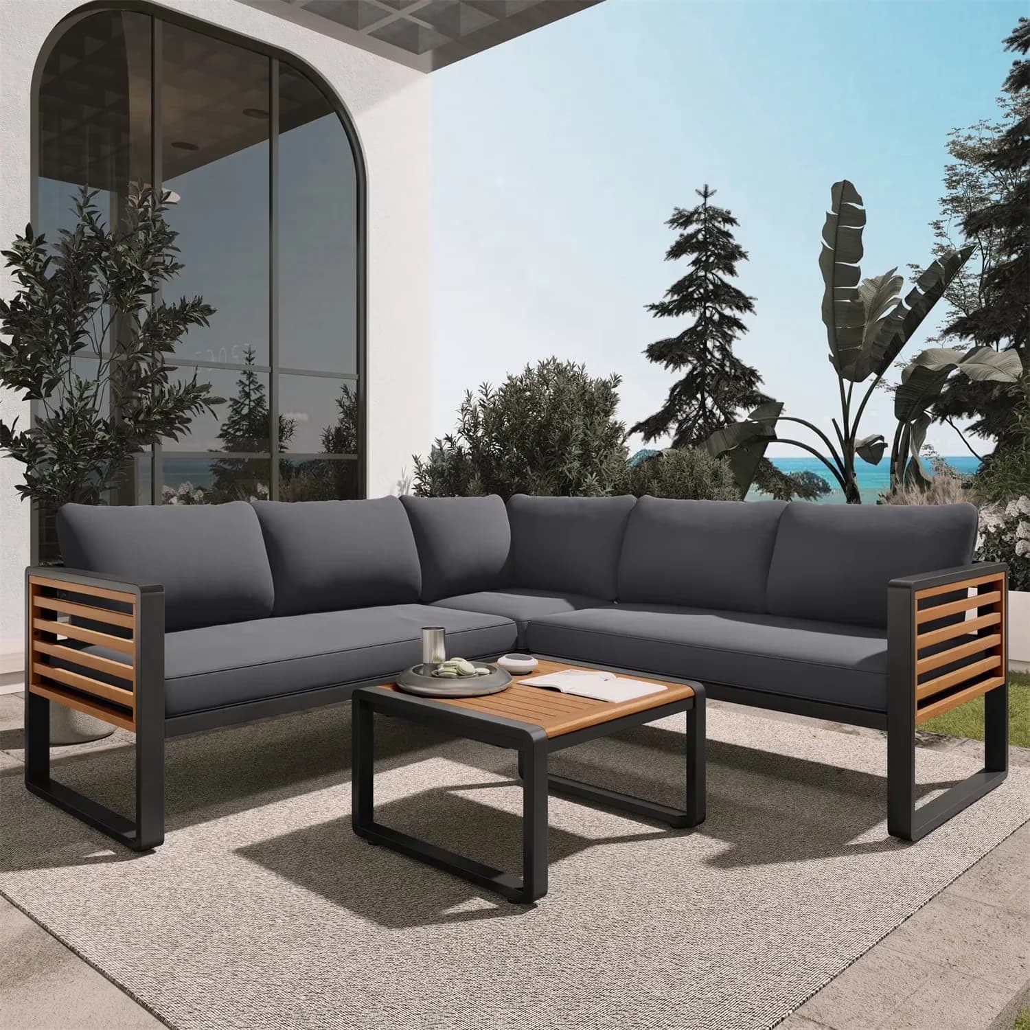 Reliable Outdoor Sofas Sectional with Weatherproof, Portable, Black Metal Frame - Gray#03 Acacia Wood,Iron,Polyester for Garden Model 1CE647