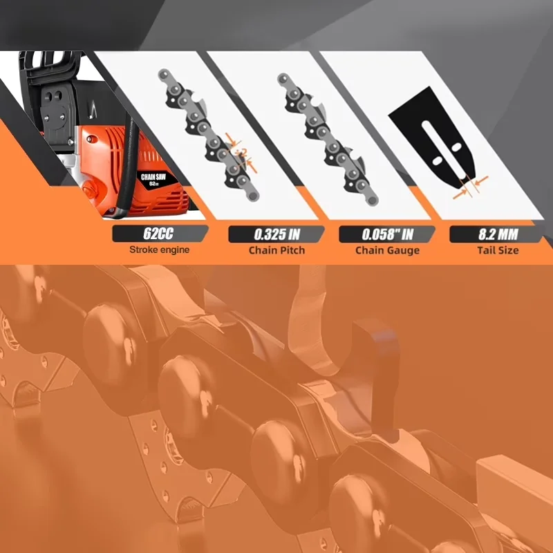 Innovative Chainsaw with Chain Brake, Anti-Vibration, 62cc Gas - Orange Model 4DD00E