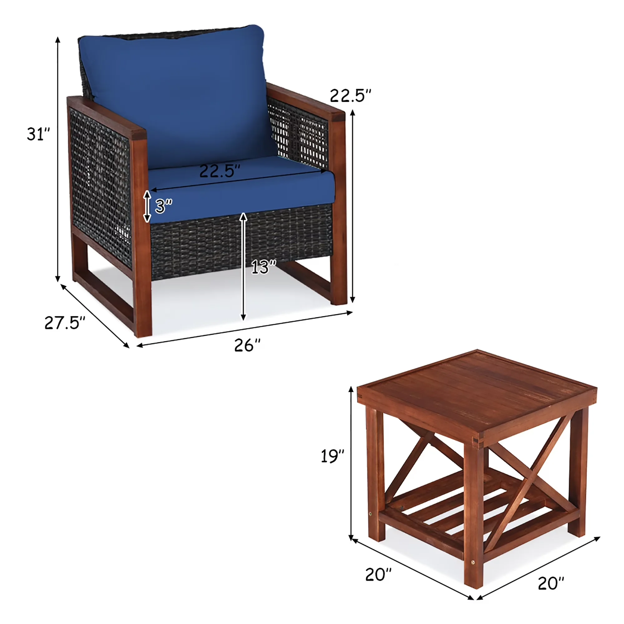 Premium Patio Conversation Set with Weatherproof - Blue Rattan 3PCS - Sleek Profile Model 78727F