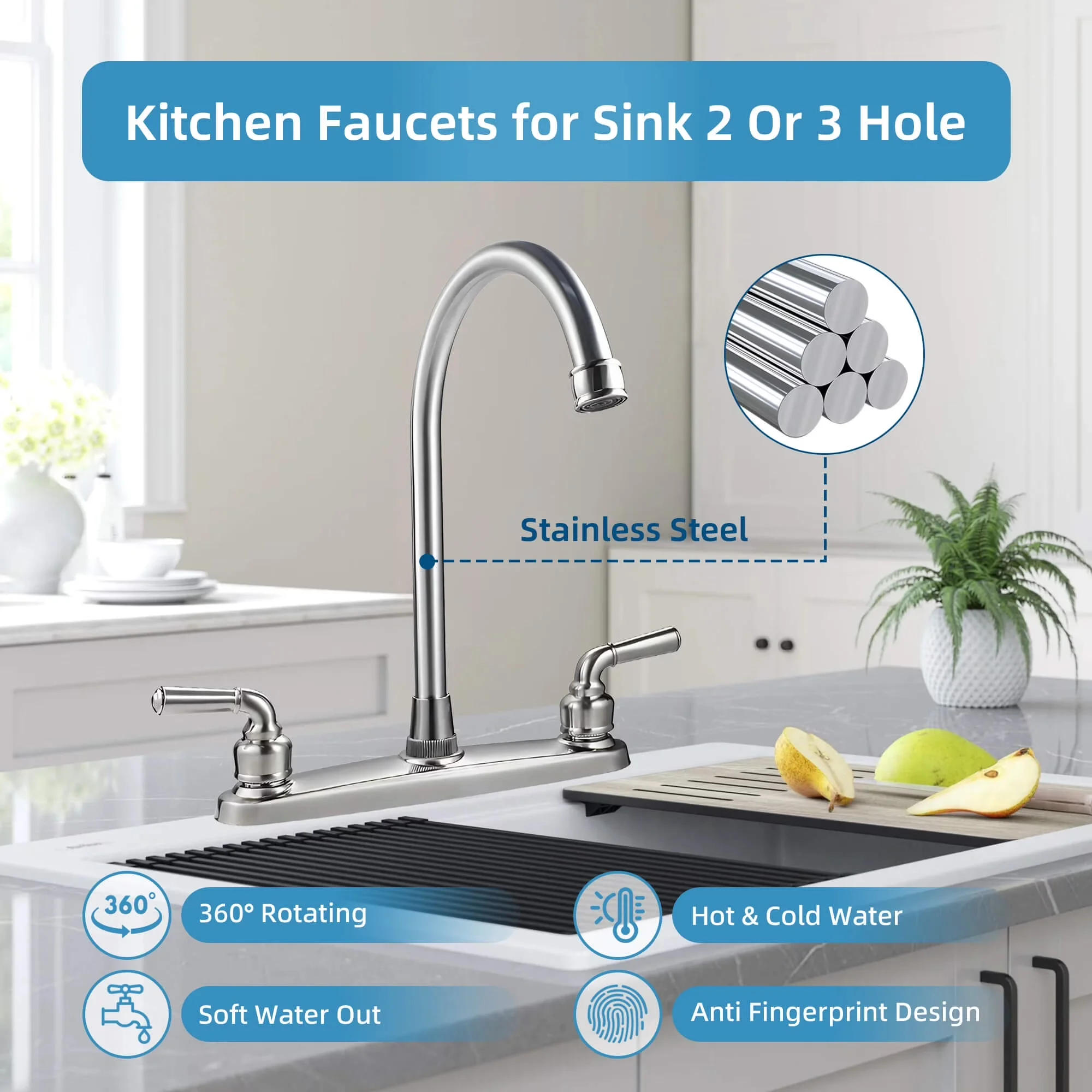 Modern Kitchen Renovation with 360 Degree Rotation, 2 Handle Sink Faucet - Stainless Steel + Copper Silver for Rv Model A30FF1