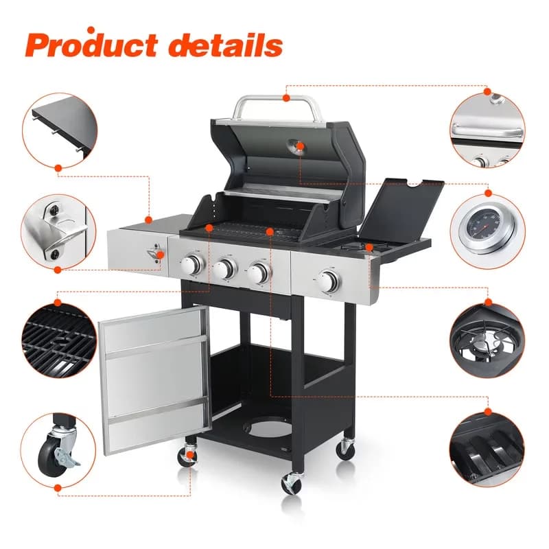 Premium Gas Grill with 37230 BTU, Warming Rack - Stainless Steel for Outdoor Model BFA117
