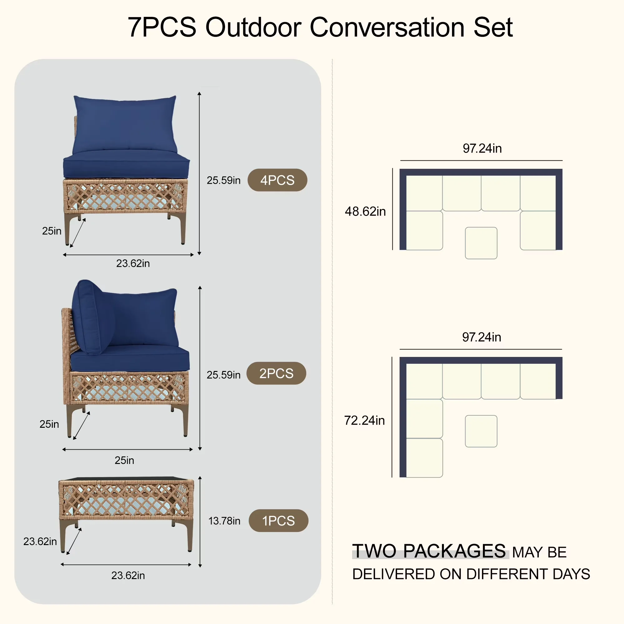 Classic Outdoor Sofas Sectional with Stain Resistant, Removable Seat Cushion - Steel, Pe Wicker, Abs, Polyester, Memory Foam, Pp... Model 788173