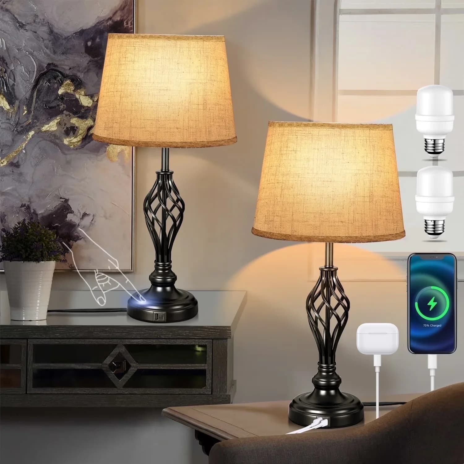 Essential Lamp with LED, Energy Efficient, Power Outlet - Metal Black for Living Room, Bathroom Model CA8366