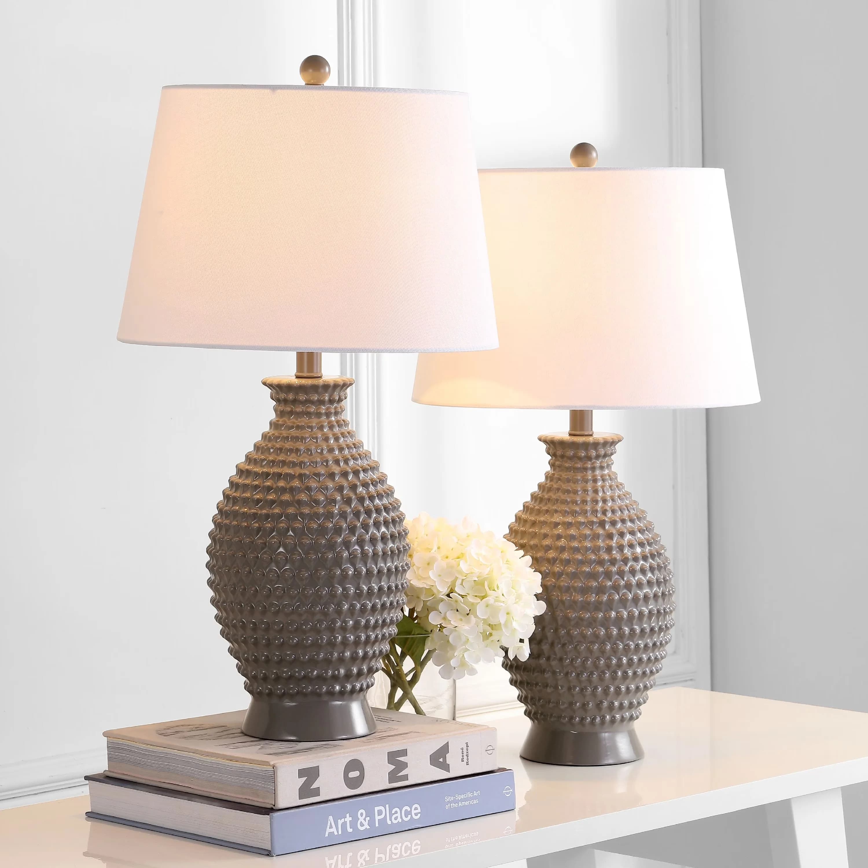 Lamp Set Stylish with LED, Contemporary, Shade Color: Off-White - Gray Resin Model 7E8B35