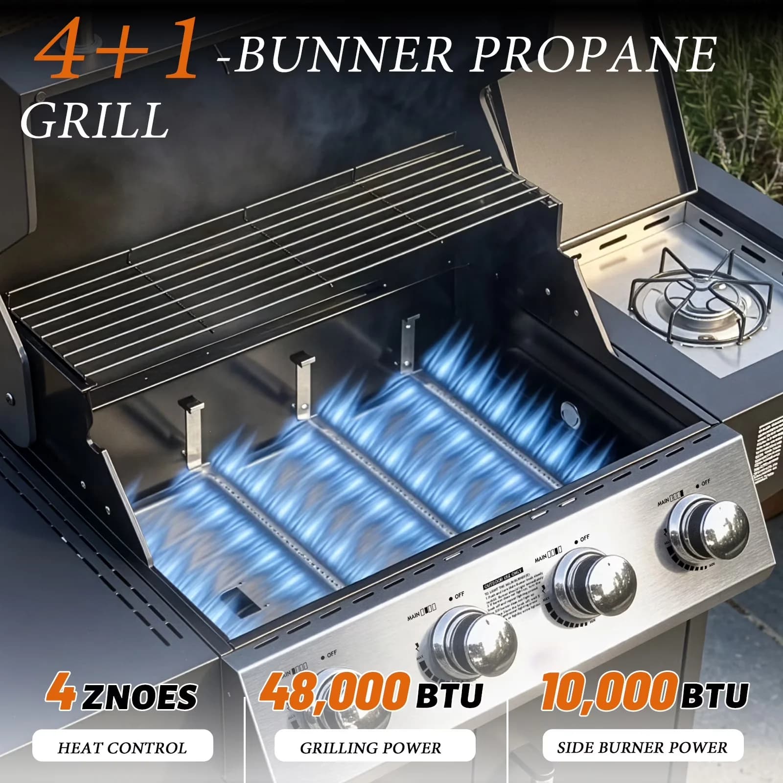 Gas Grill Efficient with 58000 BTU, Rust Resistant, Storage Rack - Stainless Steel Black Model 480560