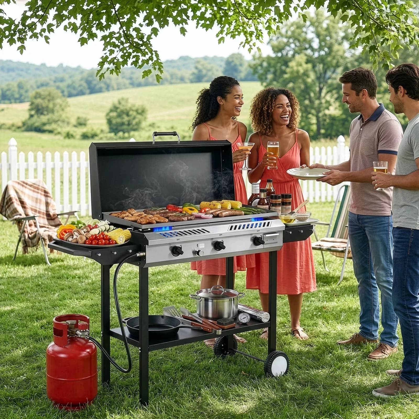 Versatile Gas Grill with 225000 BTU, Heat Thermometer - Cast Iron Black Model 4A2527