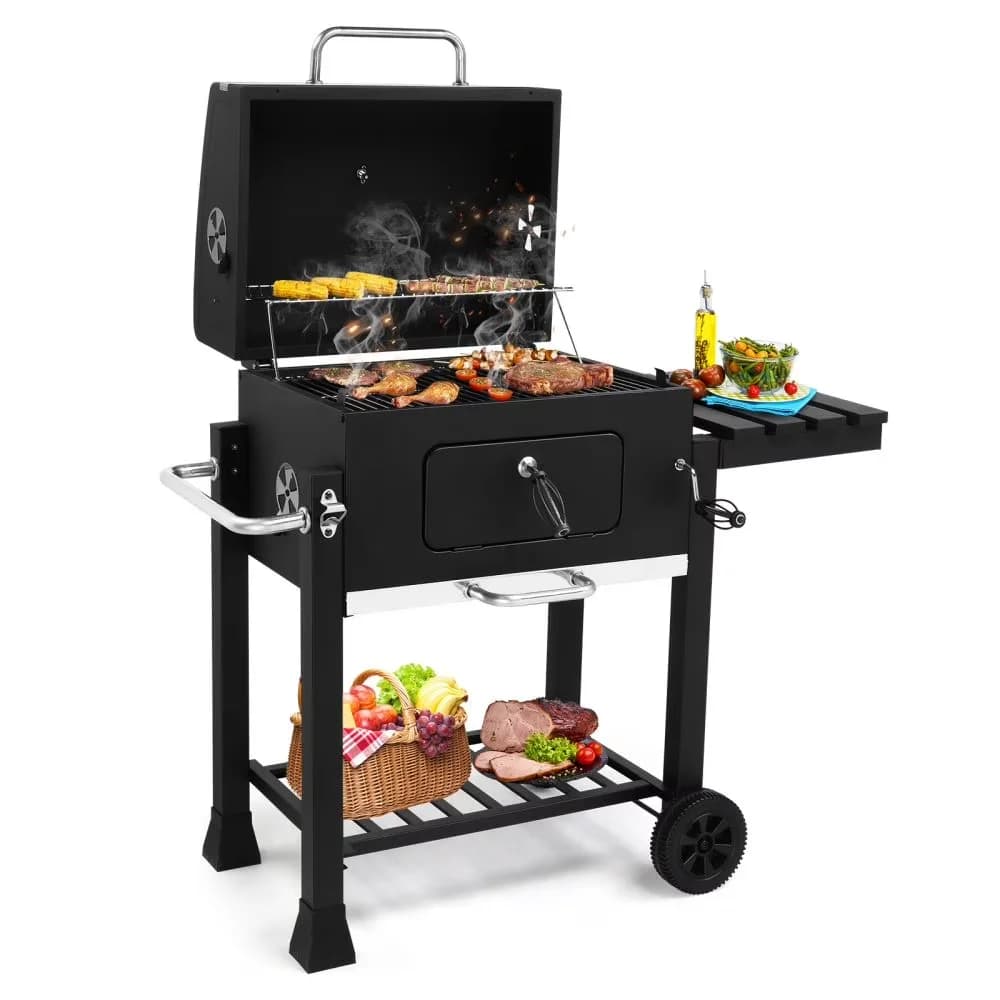 Professional Charcoal Grill with Foldable, Foldable Side Table - Iron Black for Patio, Garden Model F81BB1