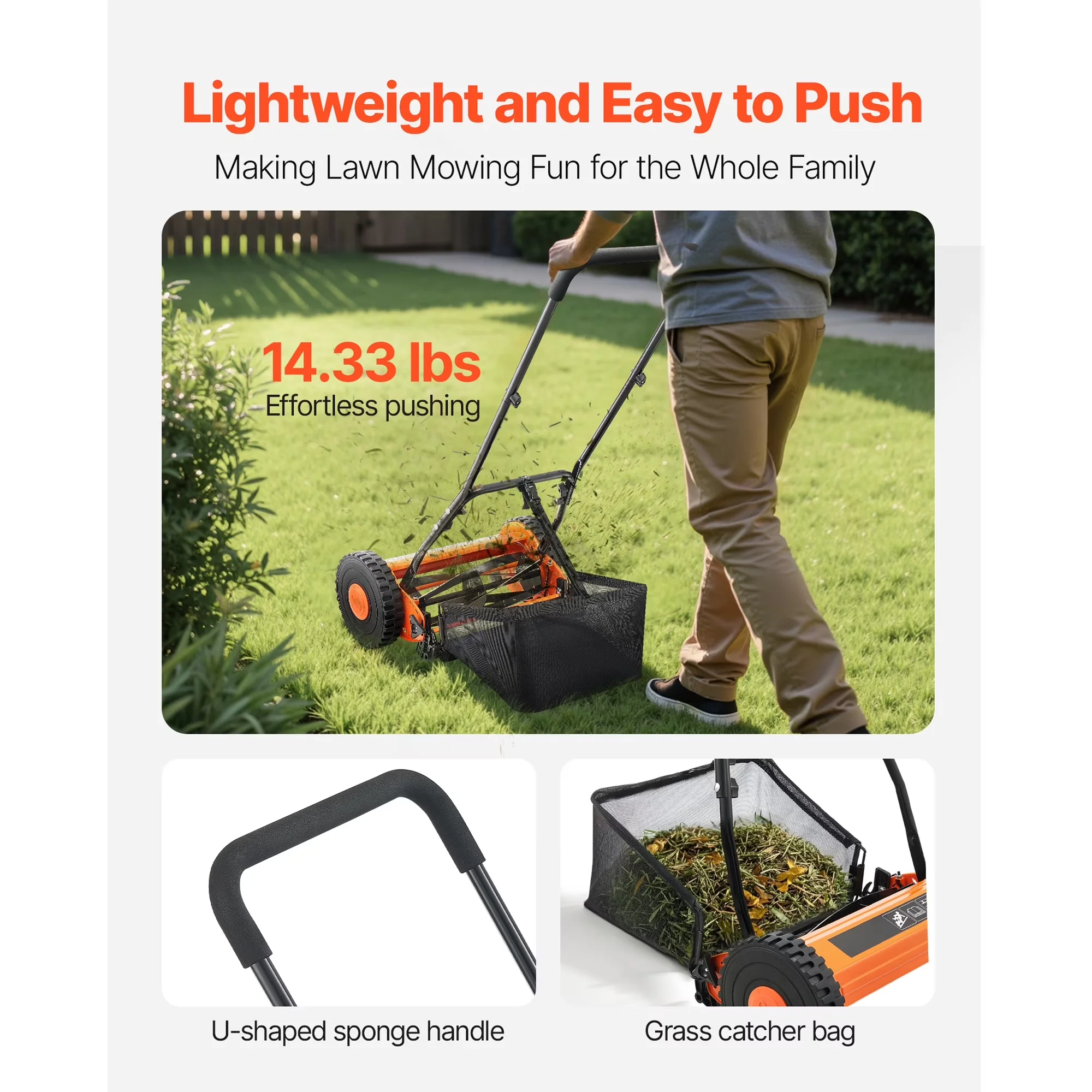Stylish Push Mower with Adjustable, 14-Inch Manual Reel Lawn, Walk-Behind - Model B2A446