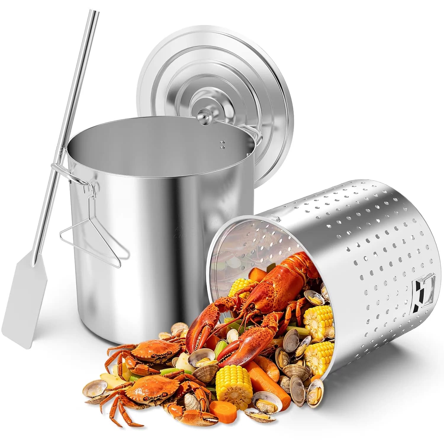 Classic Outdoor Fryer with Stock Pot, 80QT Stainless Steel Seafood Boil Pot, Material:【Pot & Basket】Stainless Steel - Steel Stainless Model 843BCC