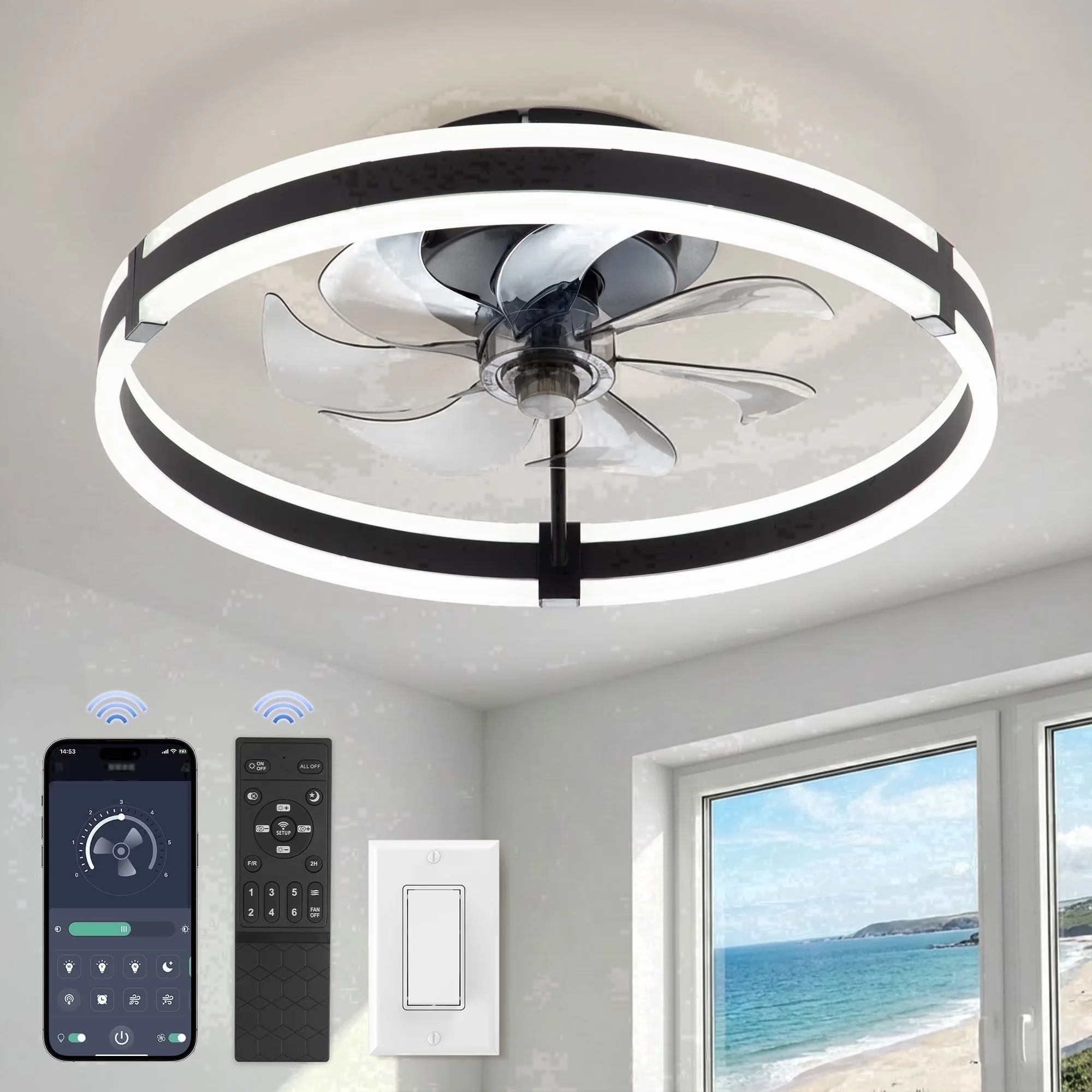 Reliable Ceiling Fan with LED, Remote Controlled, 20" Black Modern - Acrylic Black Model 94A2B7