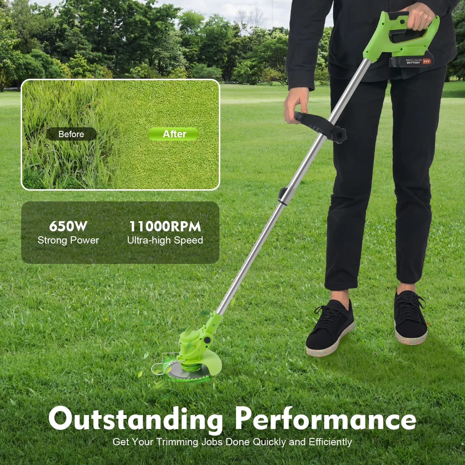 Innovative String Trimmer with 2X 1300mAh Batteries, Adjustable Weed Eater, Electric Grass - Green Model 0FC3CB