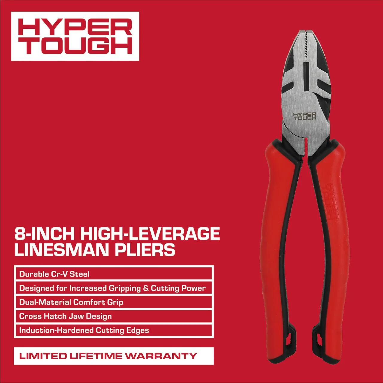 Efficient Hand Tool with 8-inch High Leverage Linesman Pliers, Dual Material Comfort Grips - Red 8" Model 6DC917