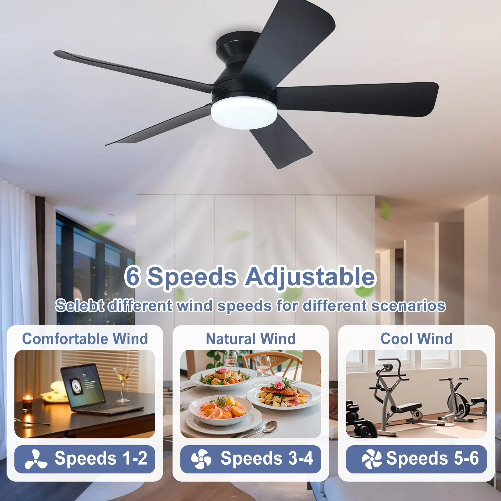 Efficient Ceiling Fan with LED, Energy Efficient, Remote Controlled - Black for Indoor, Outdoor Model 8E9C63