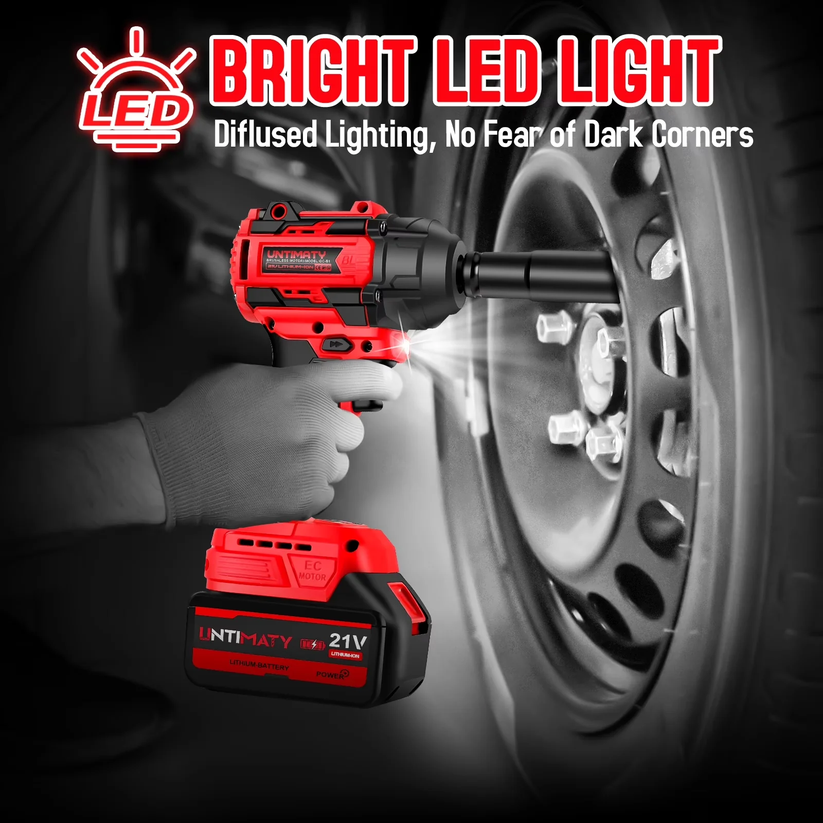 Compact Air Tools Compressor with Battery, Variable Speed, Upgraded Brushless Impact Wrench 650Nm - Red Model 31A05F