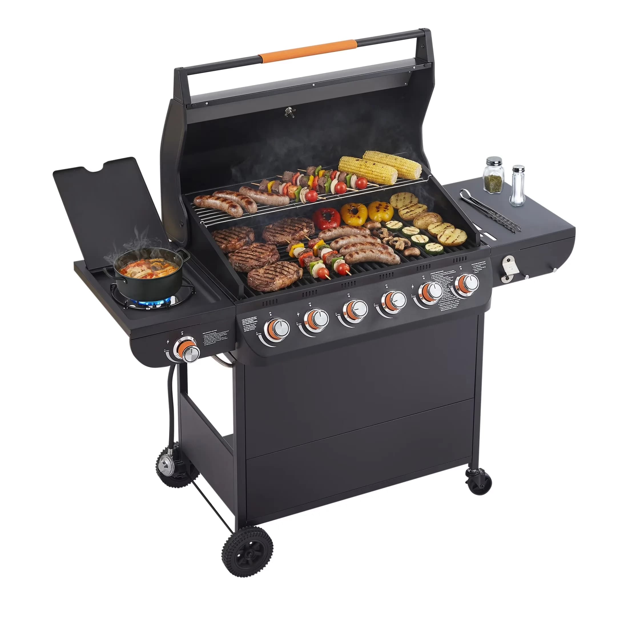 Classic Gas Grill with Enclosed Cabinet, Steel BBQ, Side Burner - Steel Black Model A19589