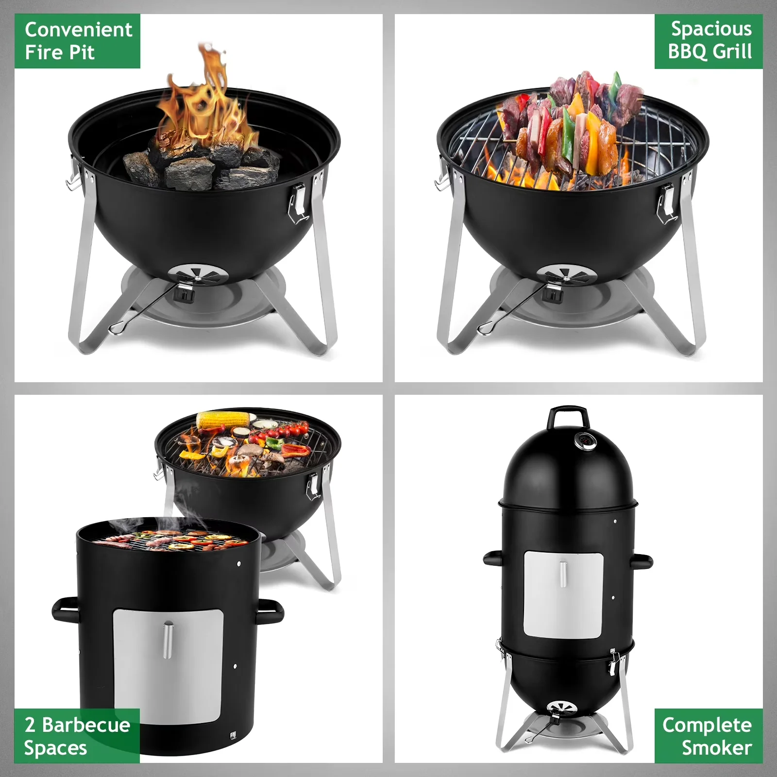 Compact Smoker with Removable Ash Catcher, Adjustable Air Vents, Heat Thermometer - Black Model D60689