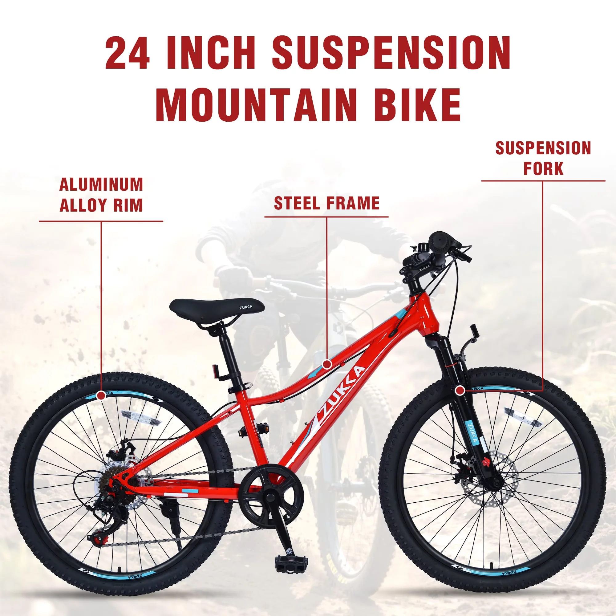 Innovative Mountain Bike with Adjustable Seat Height, 24 Inch 6-Speed - Red Model FE68EF