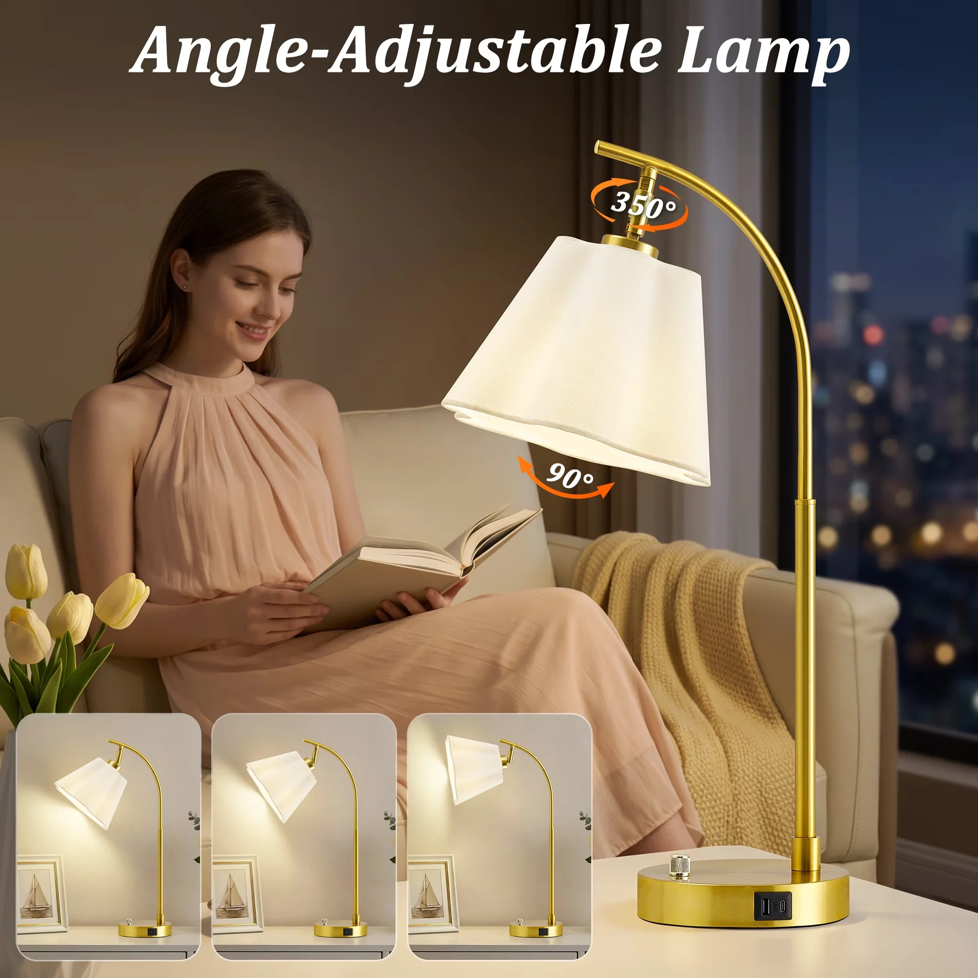 Essential Lamp Set with LED, Adjustable Head, Dimmable - Metal, Fabric White, Gold for Bedroom Model D46DEF