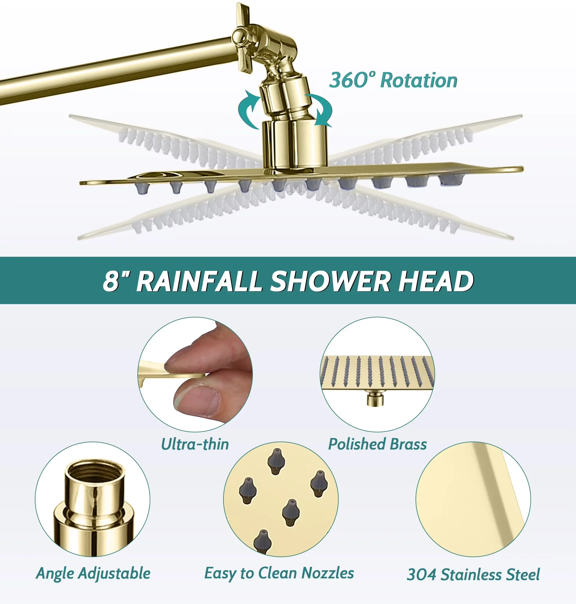 Reliable Shower Head with Adjustable, Rainfall shower head Size: 8 inches - Gold Metal Model AE3D1D