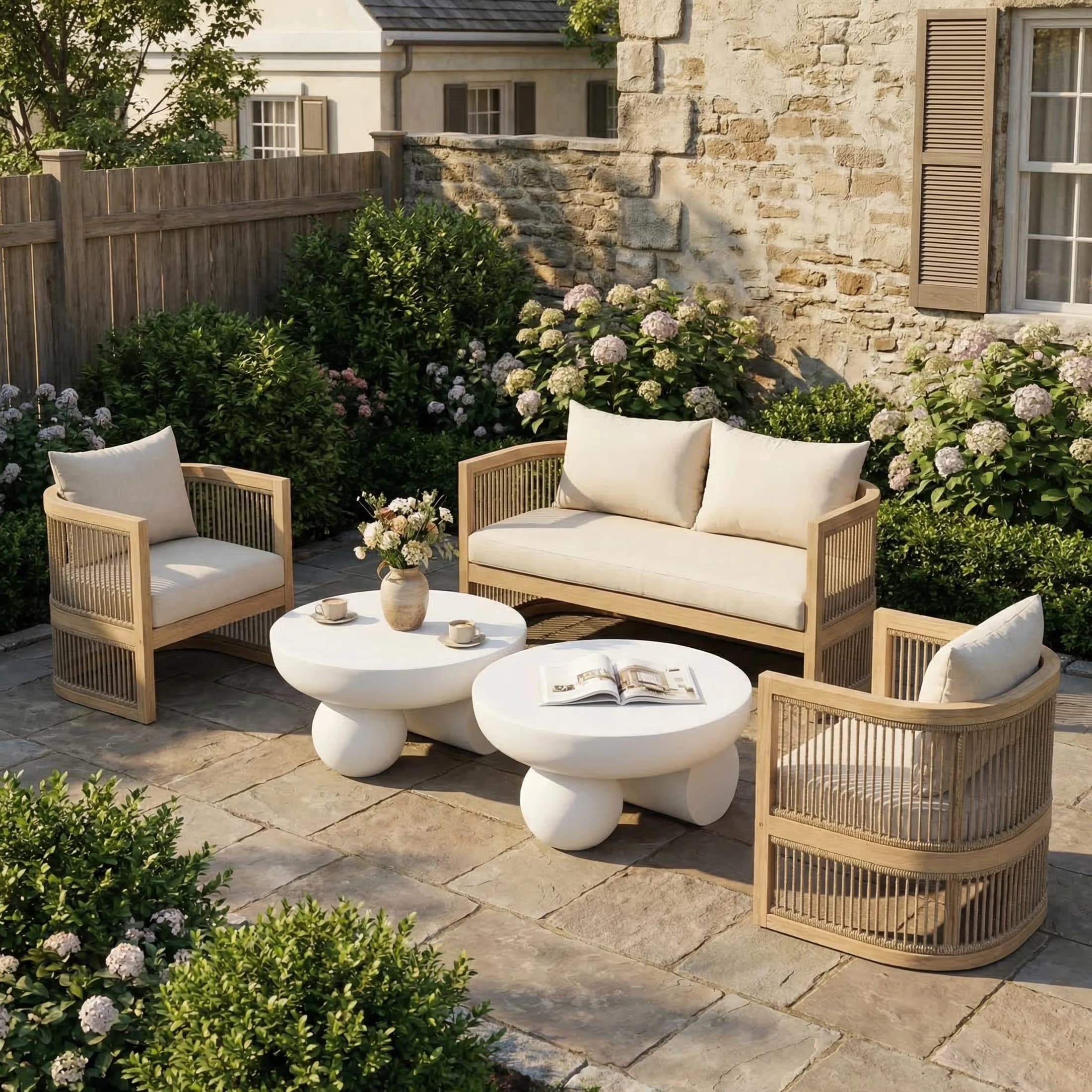 Essential Patio Conversation Set with 5-Piece Outdoor Light Teak, Table Material: Magnesium Oxide, White Coffee Tables - Acacia Wood... Model 96D241