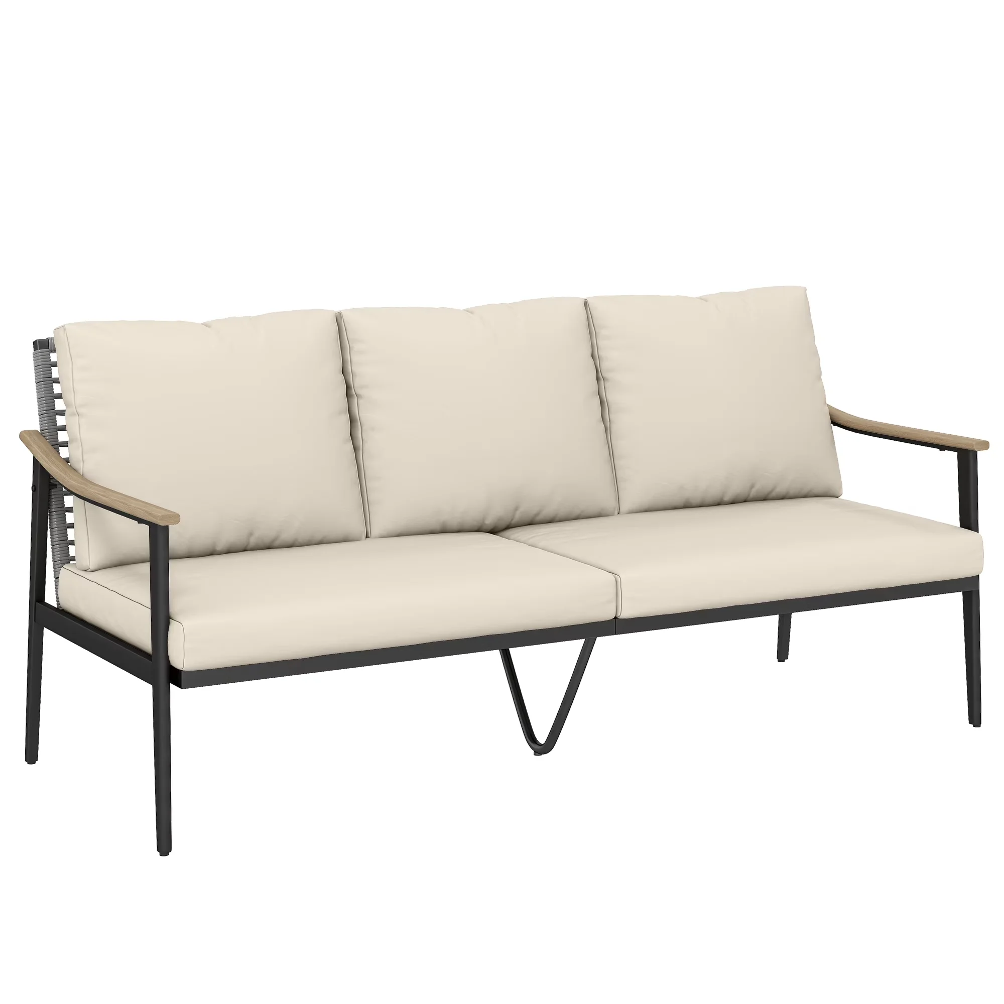 Outdoor Sofas Sectional Innovative with Couch, Wicker Backrest and Cushions, Wood-Effect Armrests - Beige Pe Wicker, Steel Model 7DBEEE