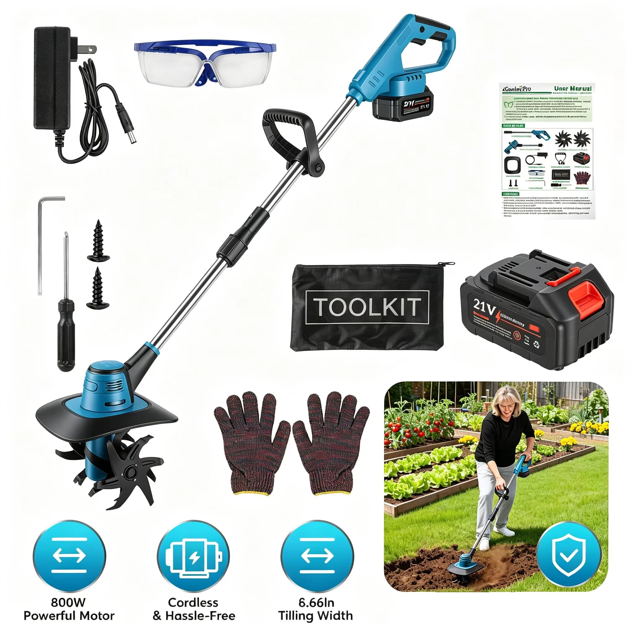Trillers Cultivator Efficient with Battery, 800W, 21V - Residential Grade Model 5AA50F