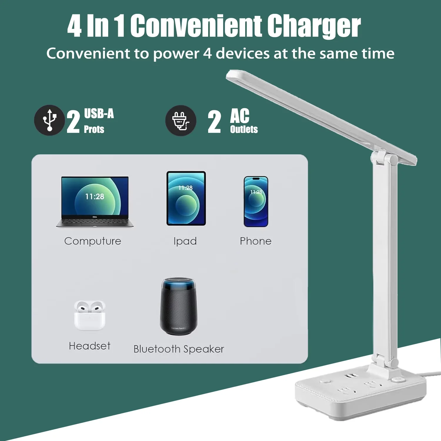 Desk Lamp Durable with LED, Standard Lamps, Usb Port - White Abs for Home Office, Bedroom Model 037161