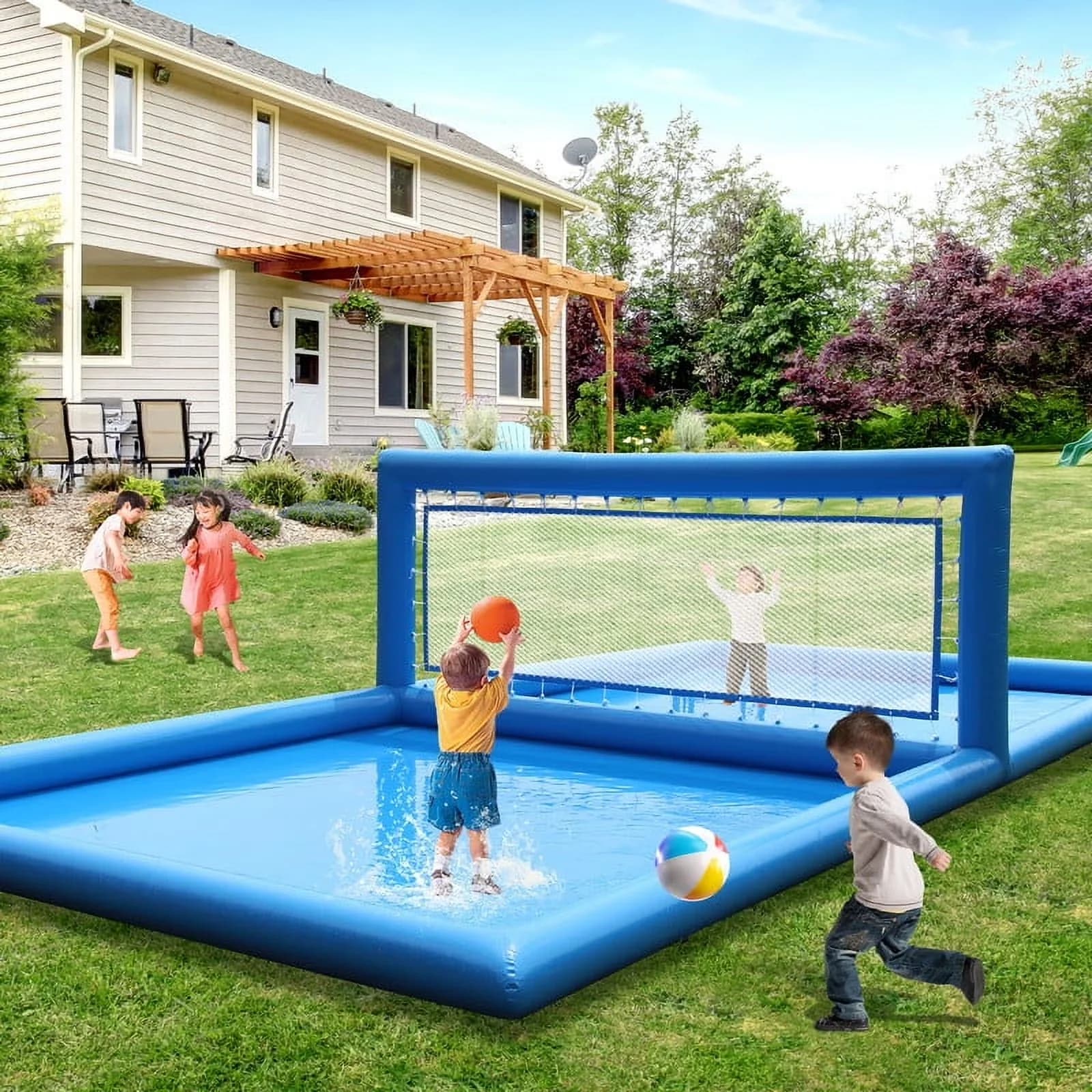 Inflatable Pool Versatile with Volleyball Court Gaint Beach Volleyball, Air Pump, Water Volleyball Field for Outdoor - Model E5C677