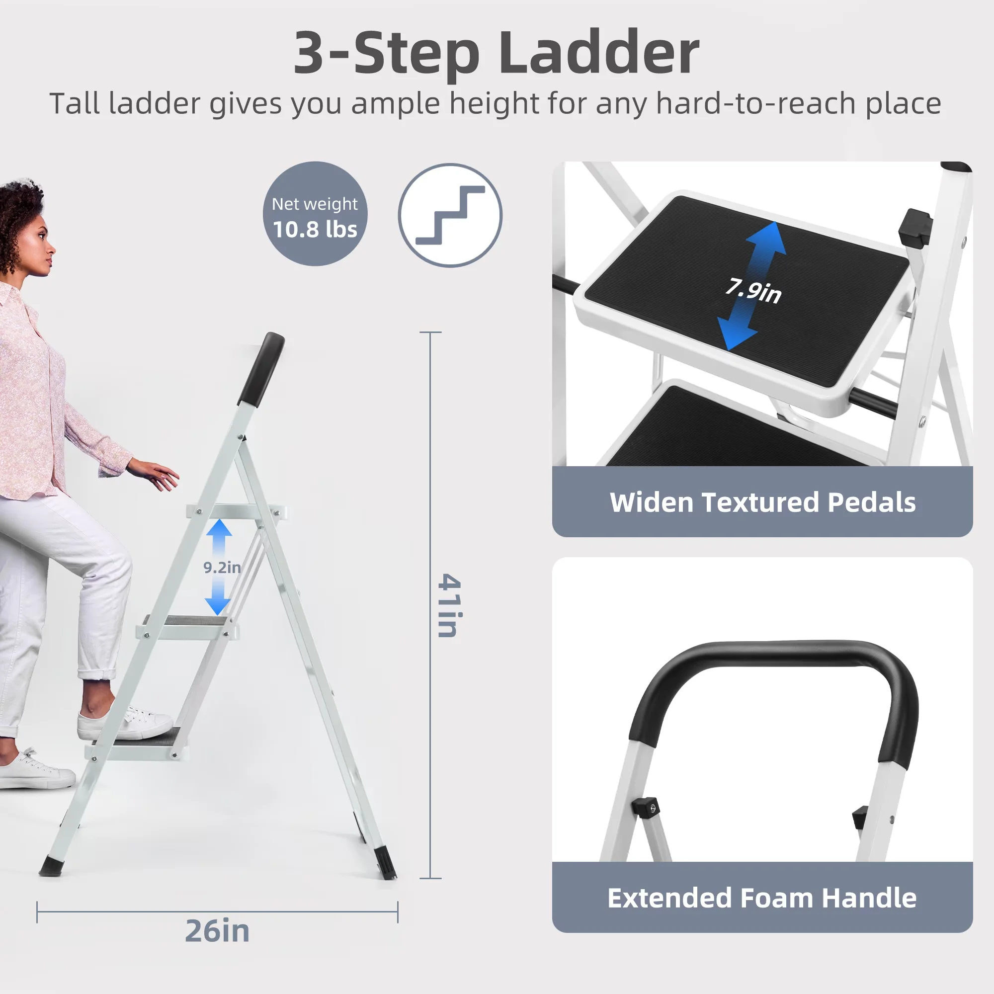 Ladders And Step Stool Stylish with Wide Anti-Slip Platform Steps, 330 lbs Capacity - White Steel Model 9756F8