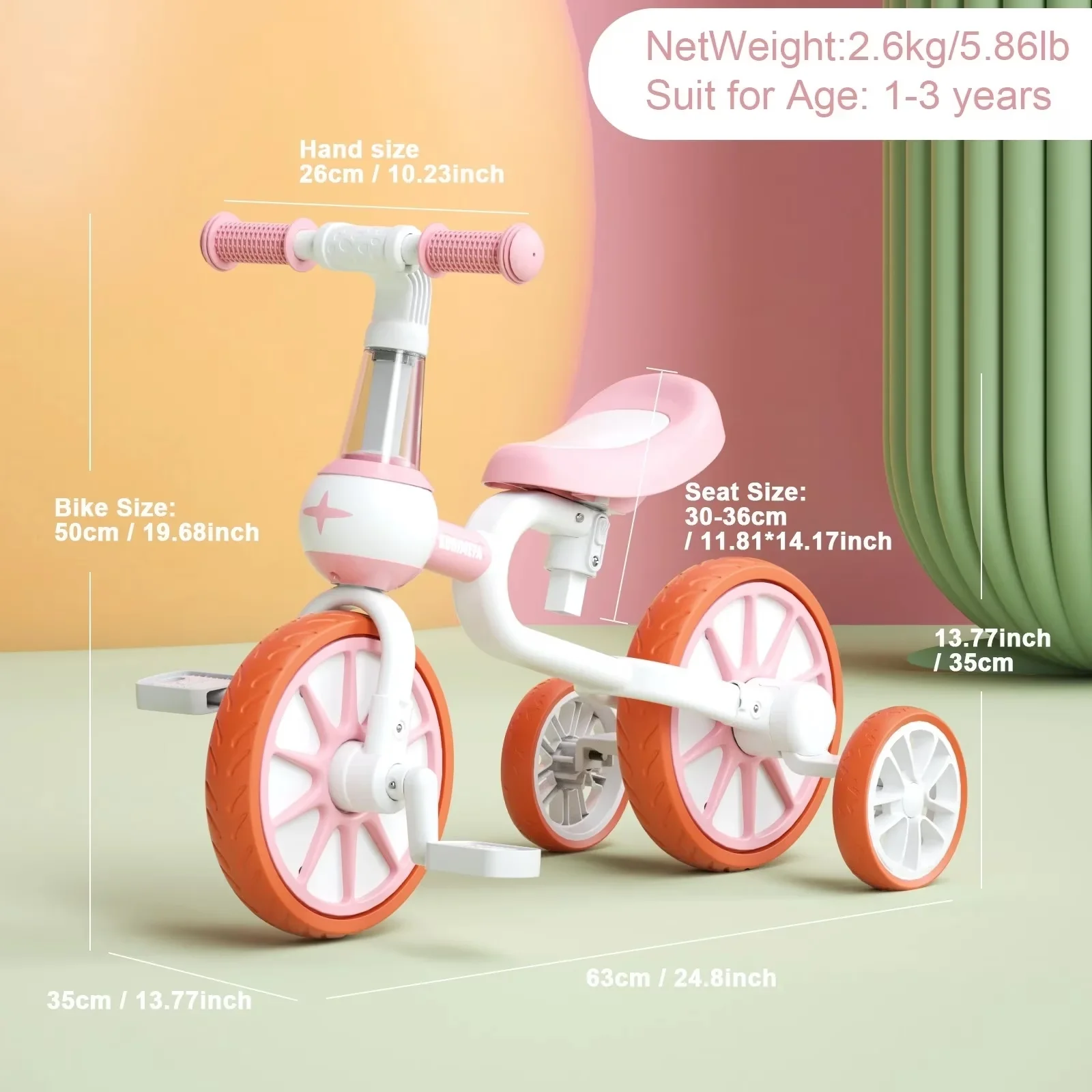 Modern Kids Bike with Adjustable Seat, Adjustable Handlebar Height, 4 in 1 Toddler Tricycle - Pink Model BFA6BA