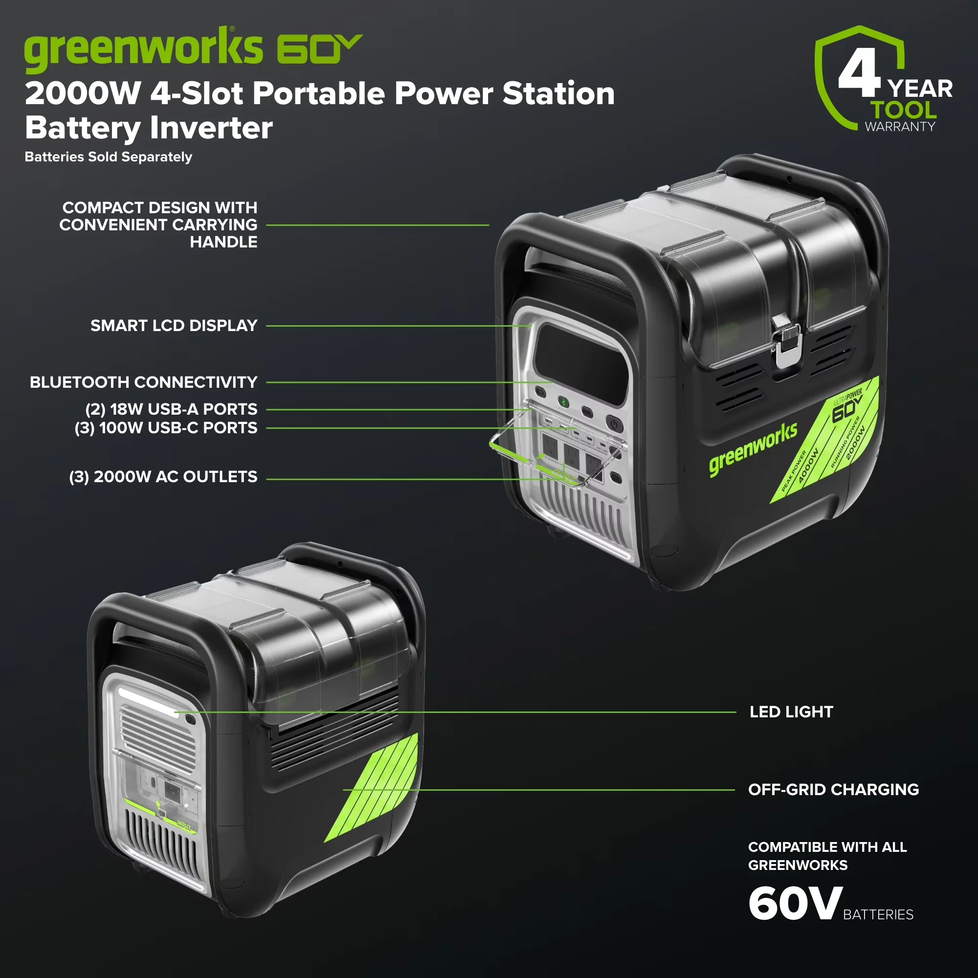 Reliable Generator with 2000W, 60V, Usb Port - Green - Rustic Charm Model F24E84