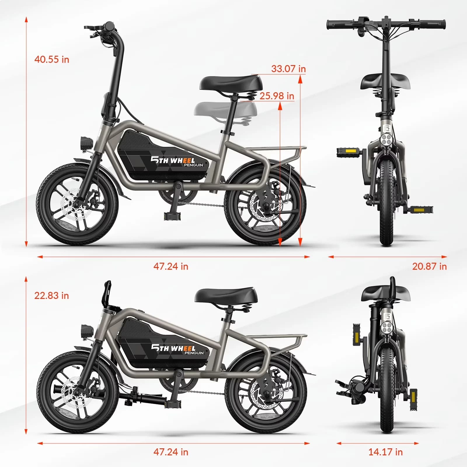 Electric Bike Compact with Battery, 650W, 14" - Gray - Long-Lasting Performance Model E262E2