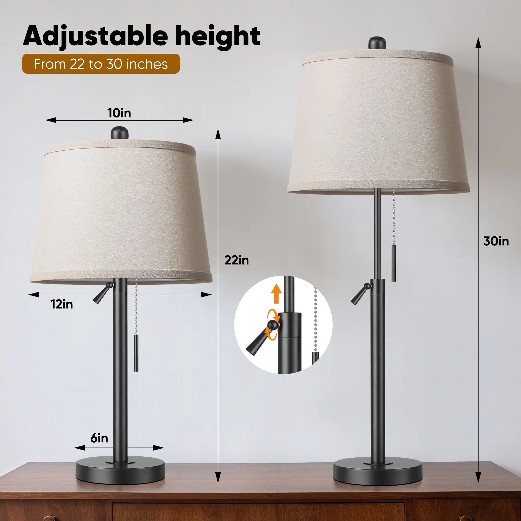 Quality Table Lamp with LED, Adjustable Height, 30"Tall Set of 2 - Black Metal Model BB5D57